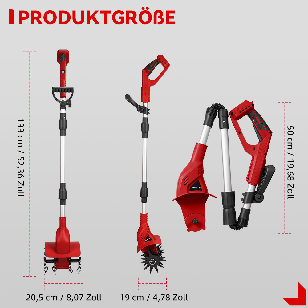 Drei rote Gartengeräte mit Größenangaben. Ein Bodenfräse, ein Grubber und ein Akkupack.