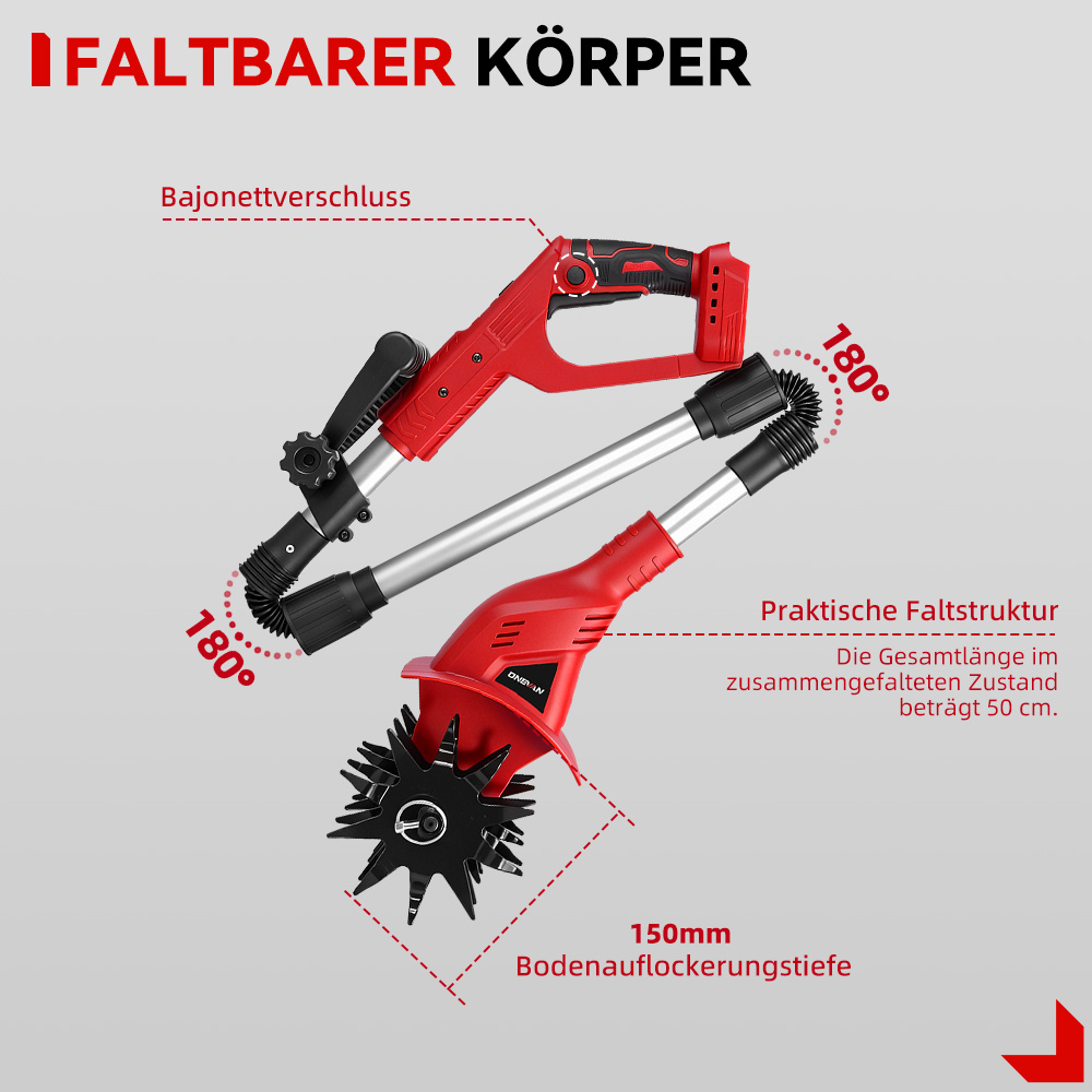 Roter, faltbarer Bodenlockerer mit Bajonettverschluss und 150mm Tiefe.