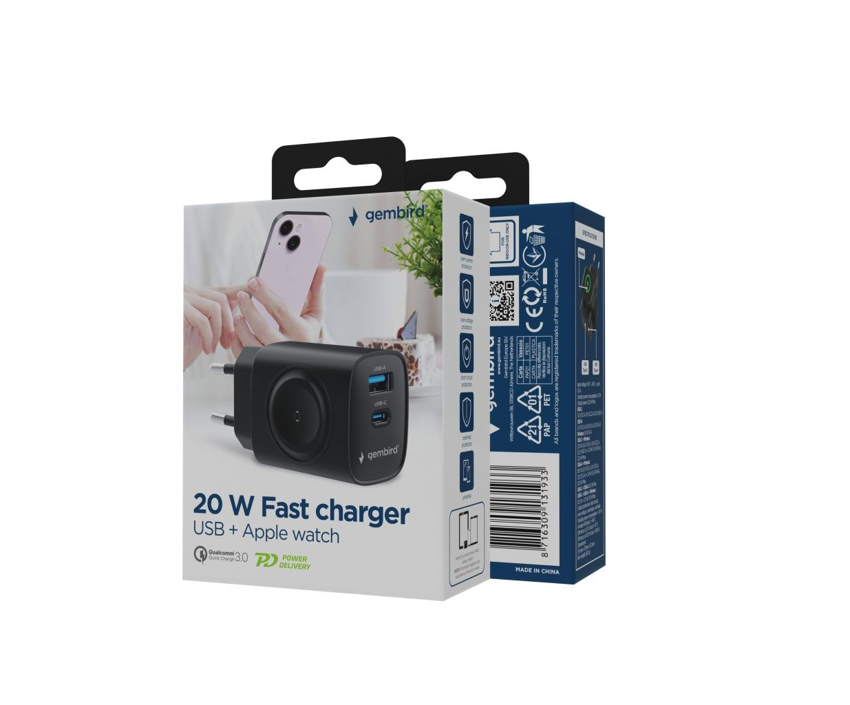 Eine schwarze 20W-Schnellladegerät-Box mit USB-A und USB-C.