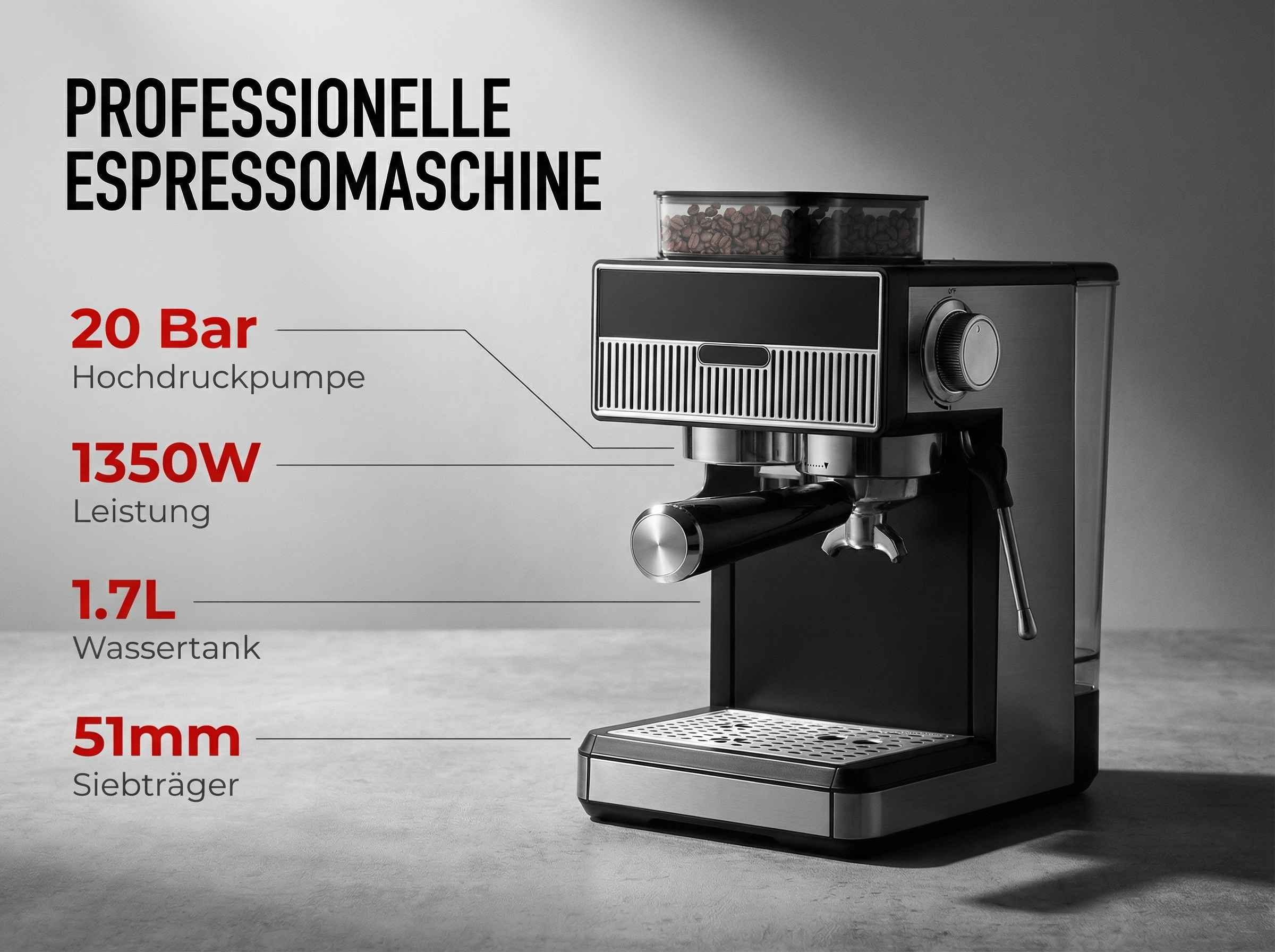 Eine schwarze und silberne Espressomaschine mit Kaffeebohnenbehälter oben.