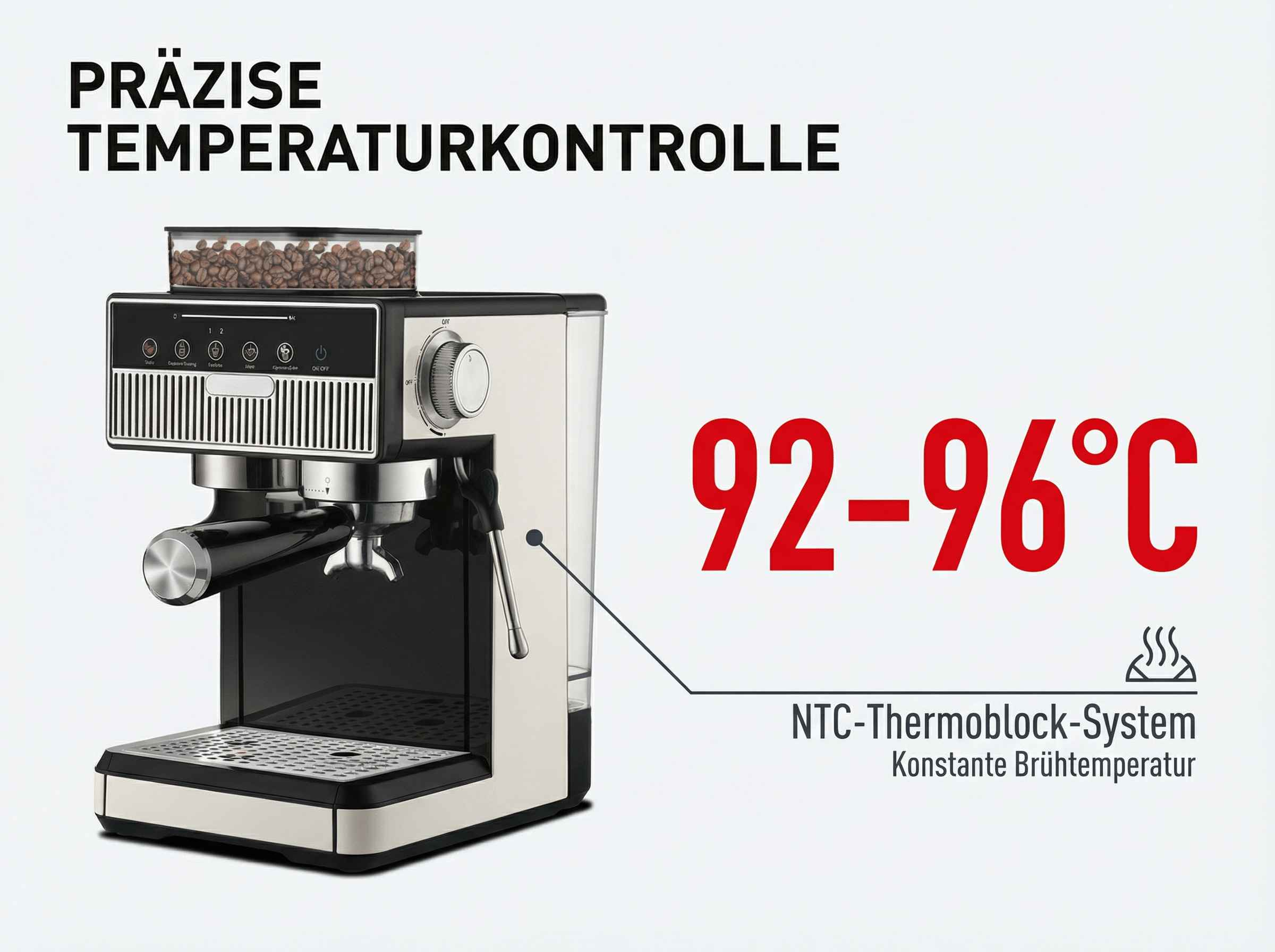 Kaffeemaschine mit Präziser Temperaturkontrolle von 92-96°C.
