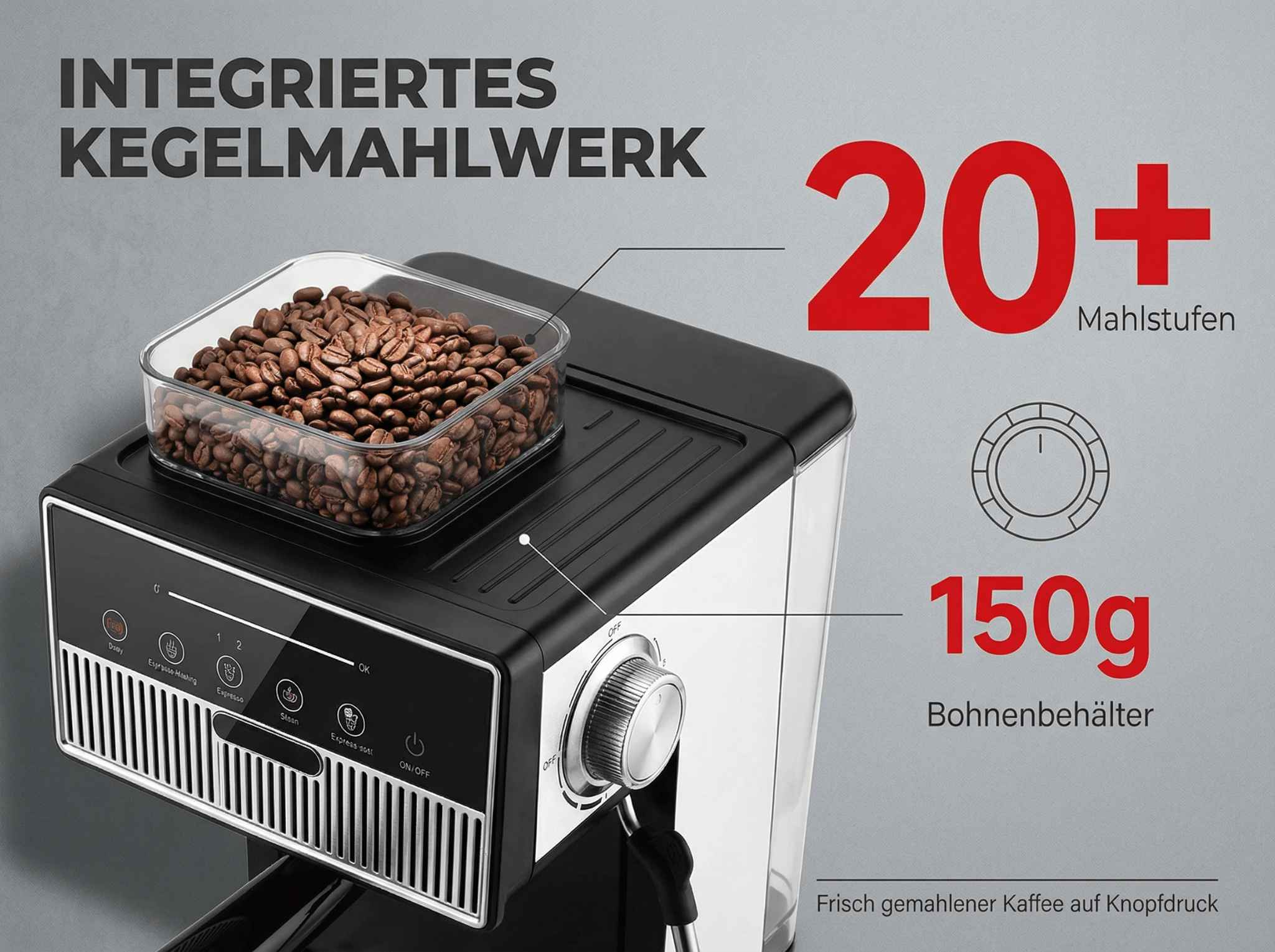 Kaffeemaschine mit integriertem Kegelmahlwerk, 20+ Mahlstufen, 150g Bohnenbehälter.