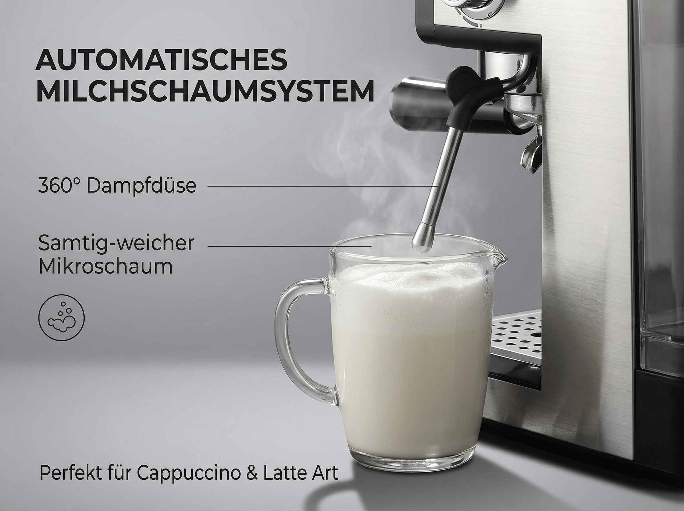 Eine Kaffeemaschine mit Dampfdüse erzeugt Milchschaum in einem Glasbecher.