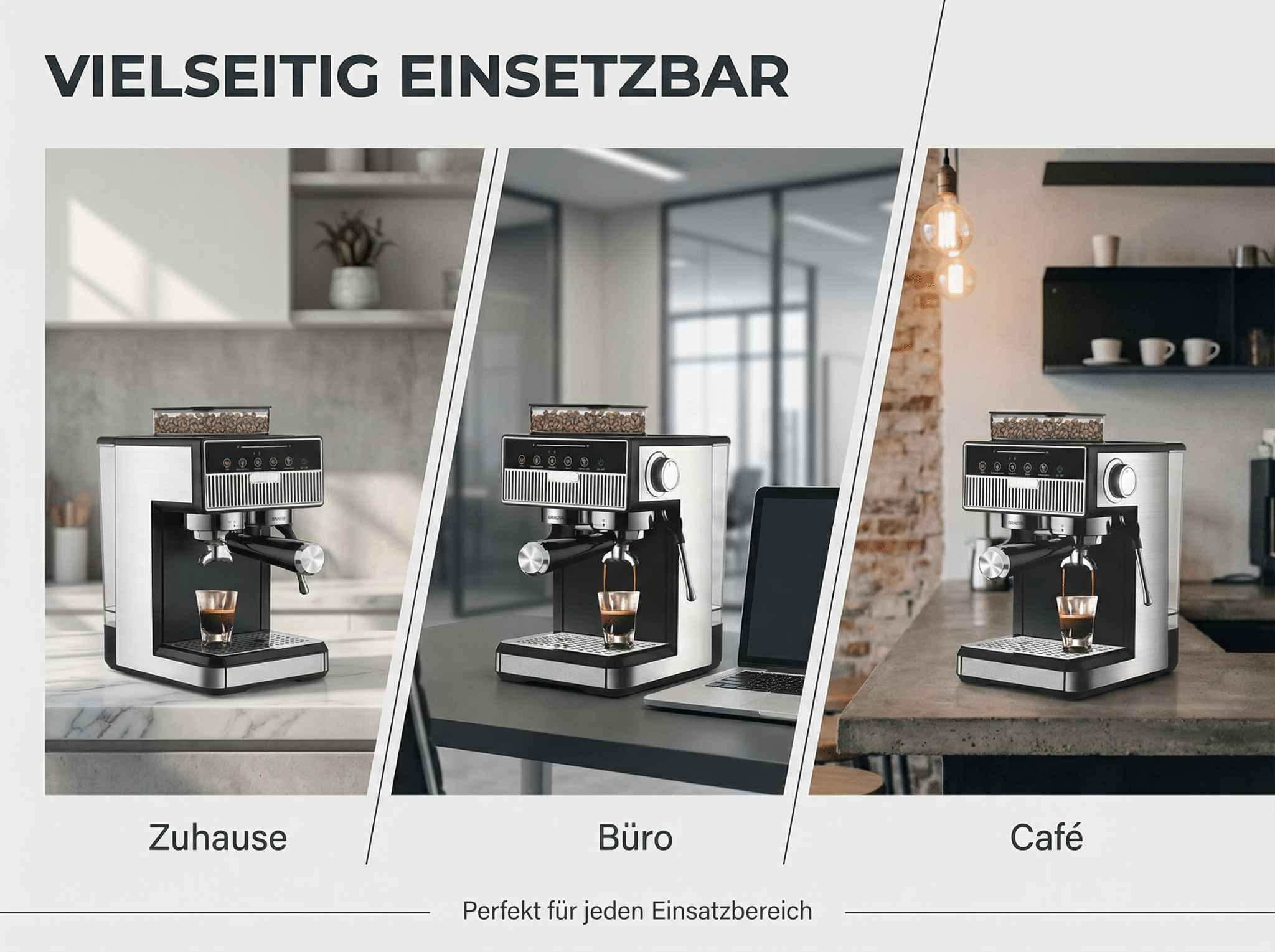 Kaffeemaschine mit Glas und Bohnenbehälter in drei Umgebungen: Zuhause, Büro, Café.