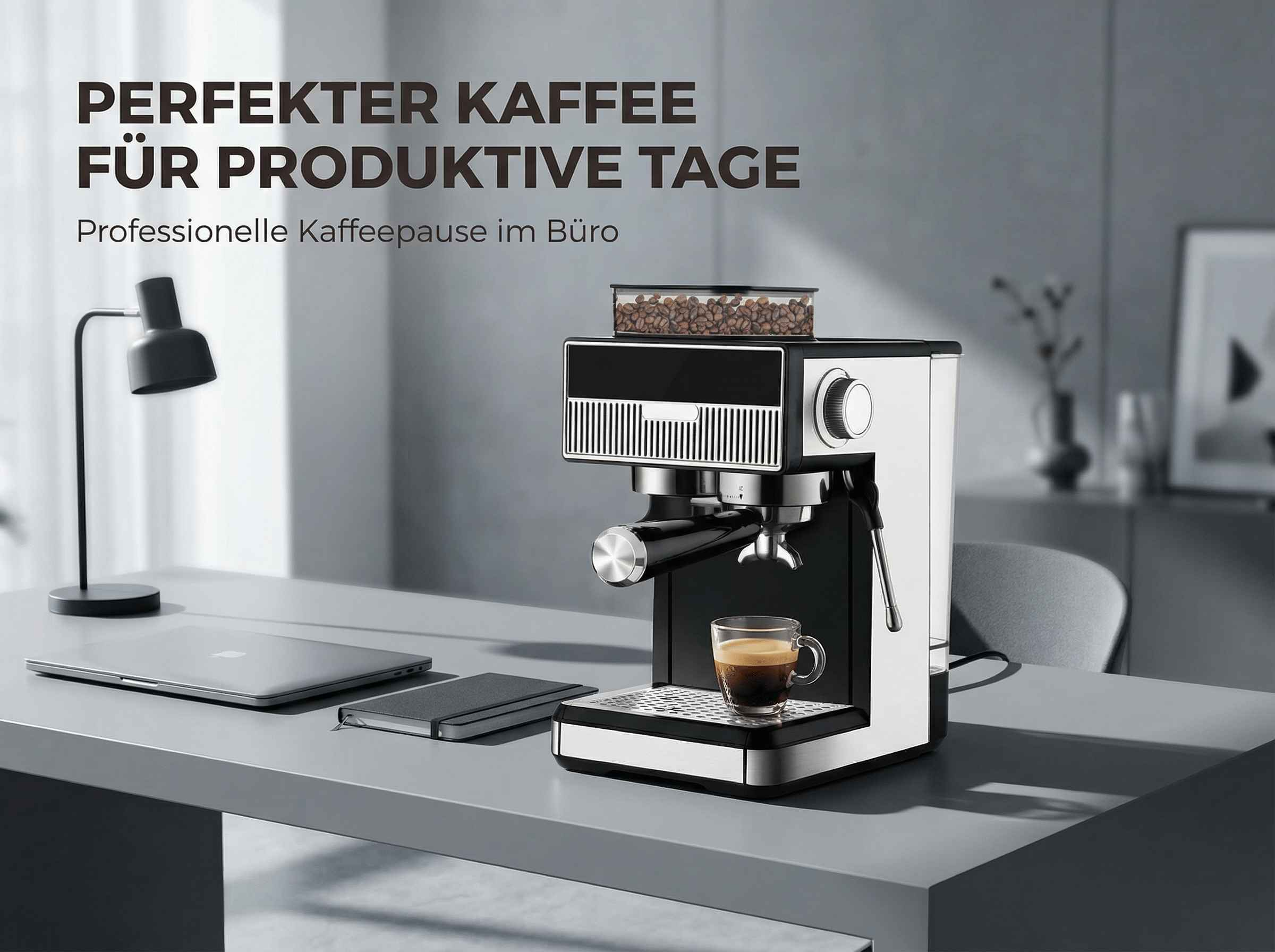 Eine Espressomaschine mit Kaffeebohnenbehälter und einer Tasse Espresso.