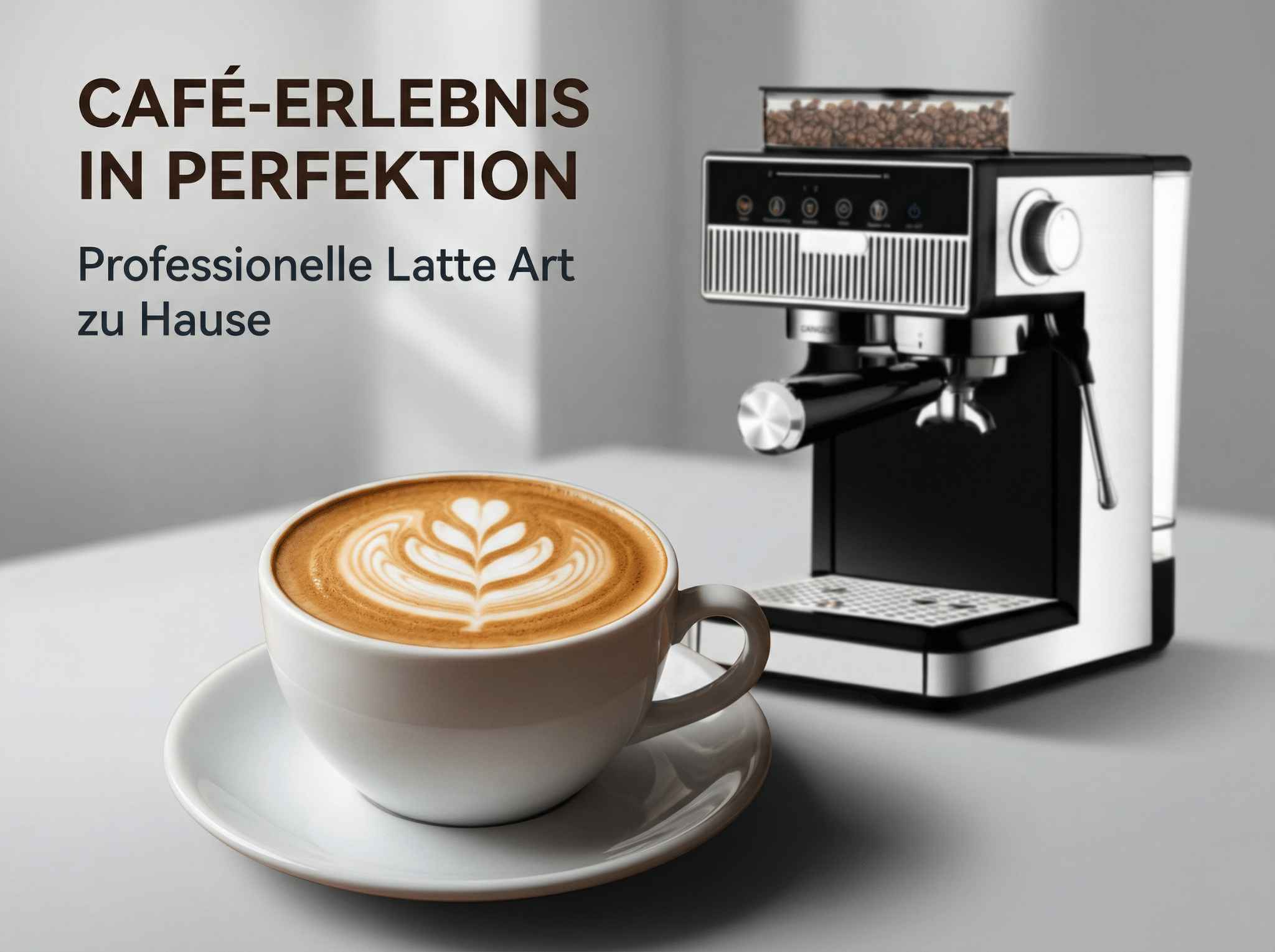 Espressomaschine mit Kaffeetasse und Latte Art.