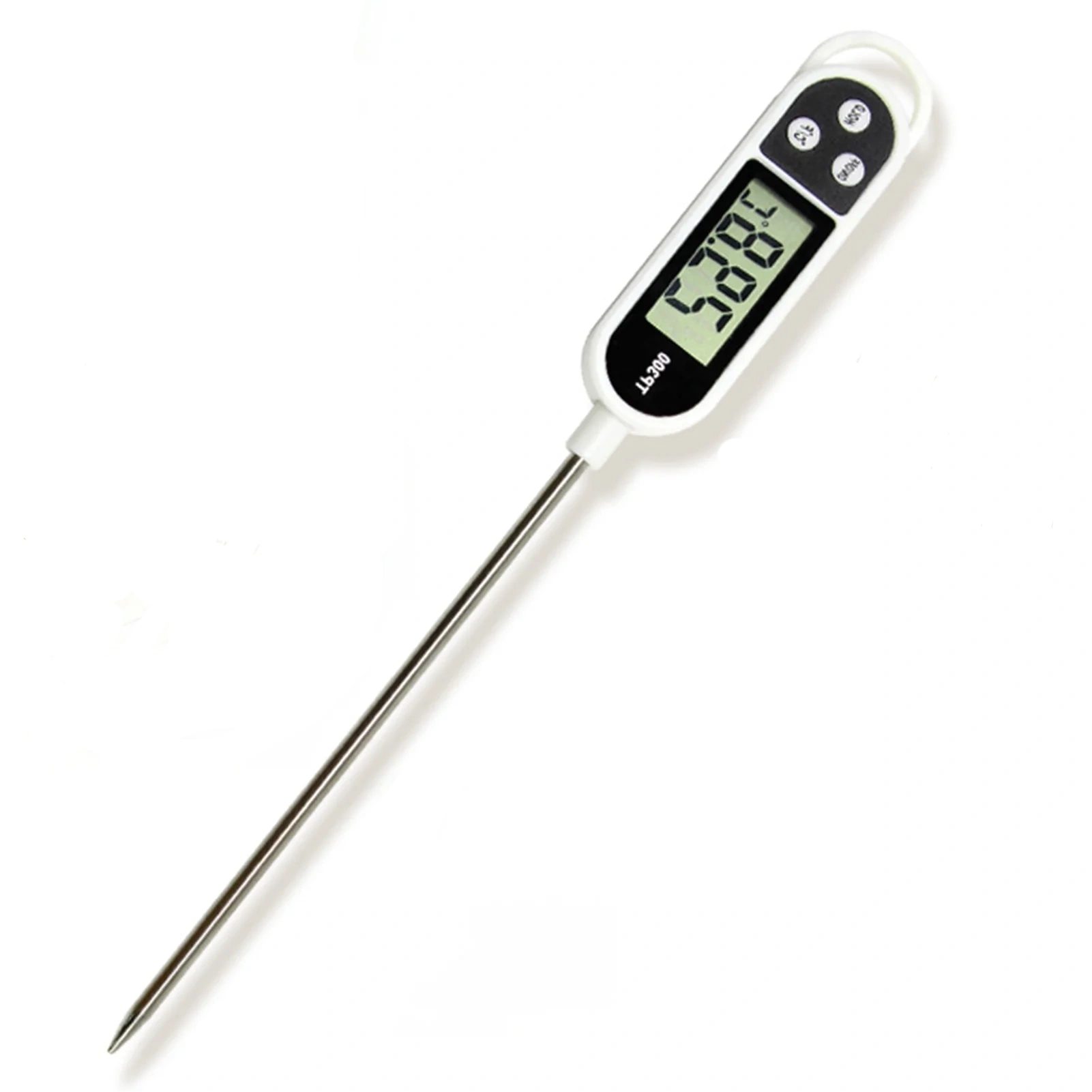 Ein digitales Thermometer mit LCD-Anzeige und Edelstahlsonde.