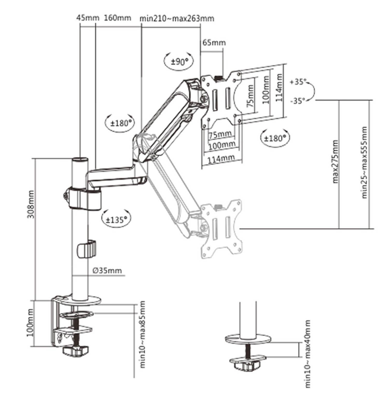 Technical drawing of a monitor arm with dimensions and angles.