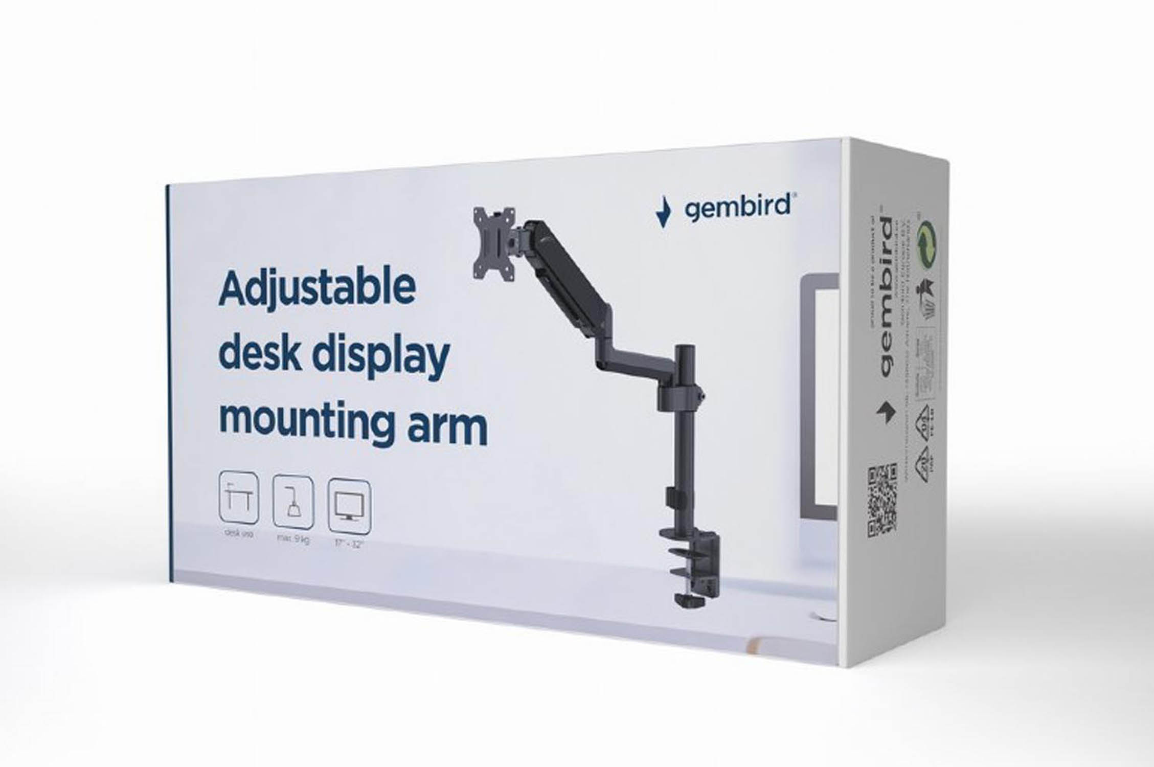Box for an adjustable desk display mounting arm, showing the arm and product details.