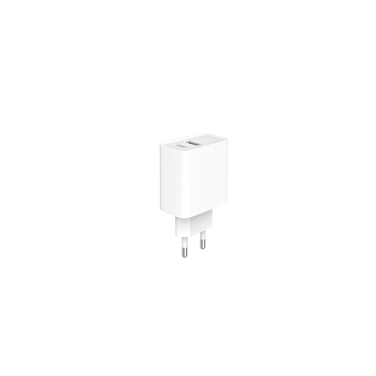 A white charger with two USB ports and two prongs.