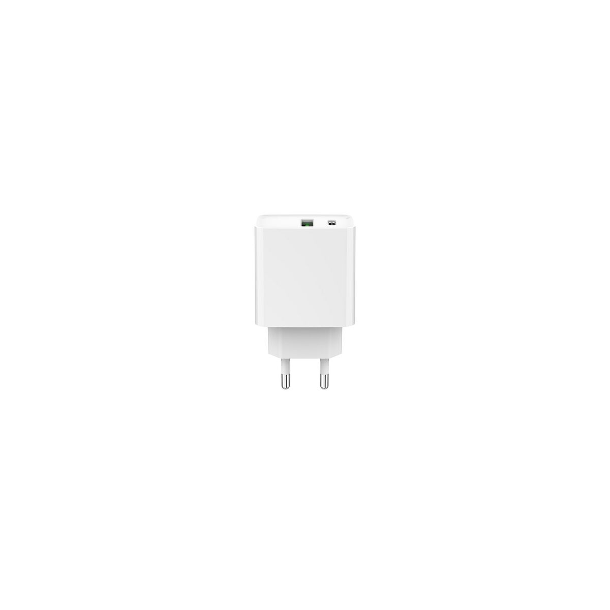 A white USB charger with two ports and European prongs.