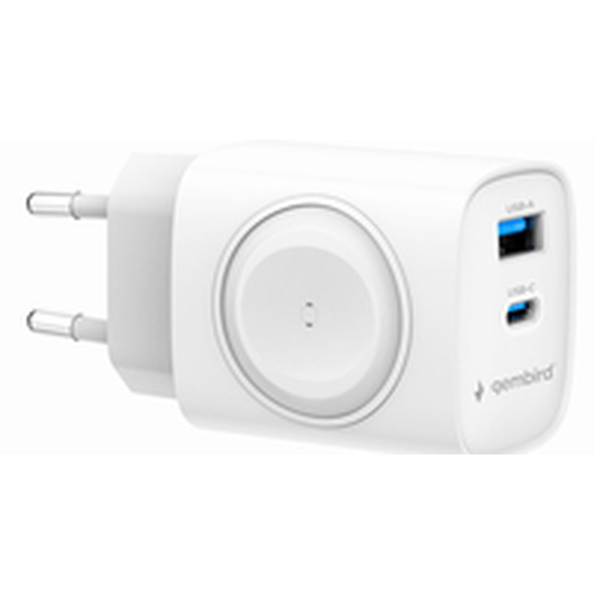 Weißer Ladestecker mit zwei USB-Anschlüssen und EU-Stecker.