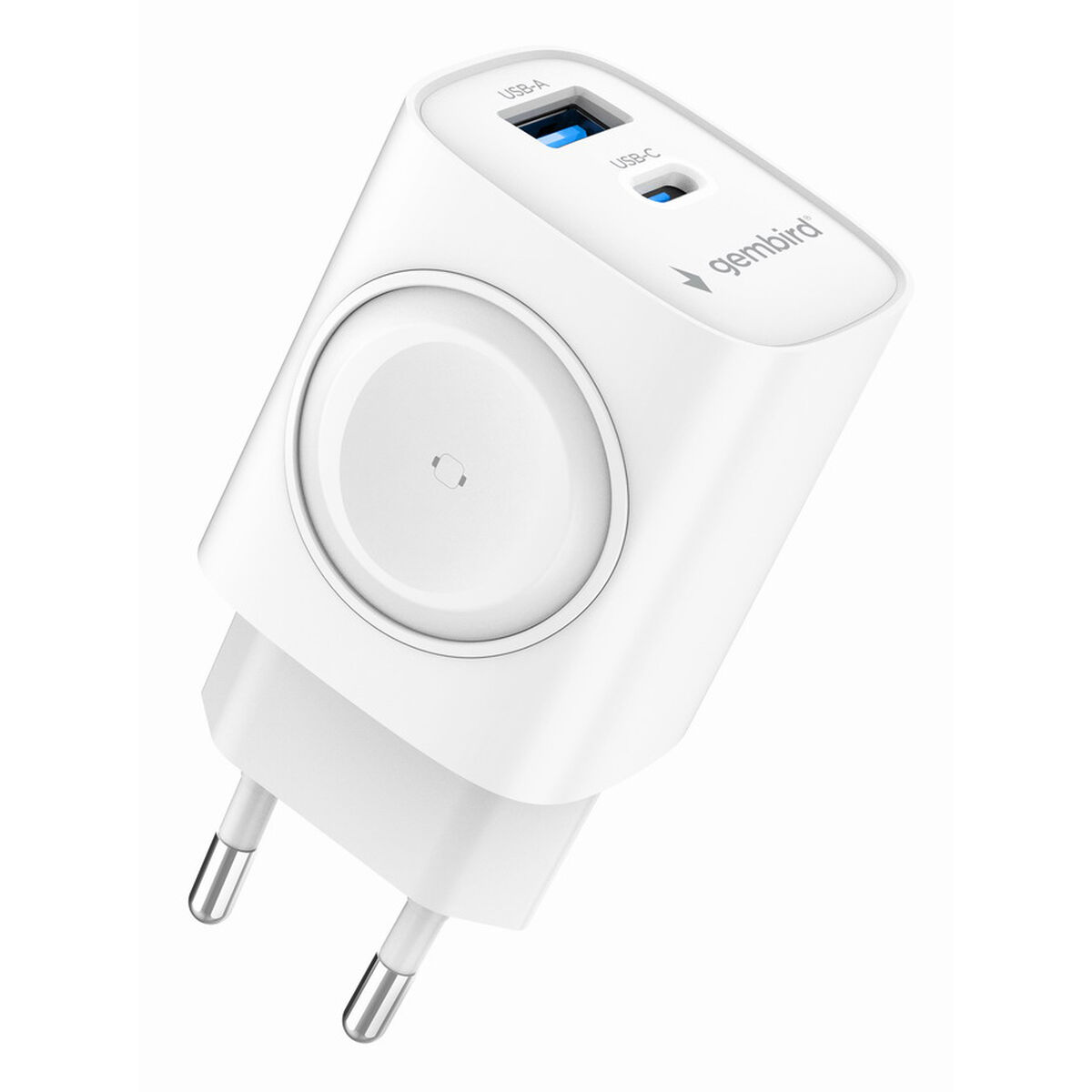 Ein weißer Gembird Netzstecker mit USB-A und USB-C Anschlüssen.