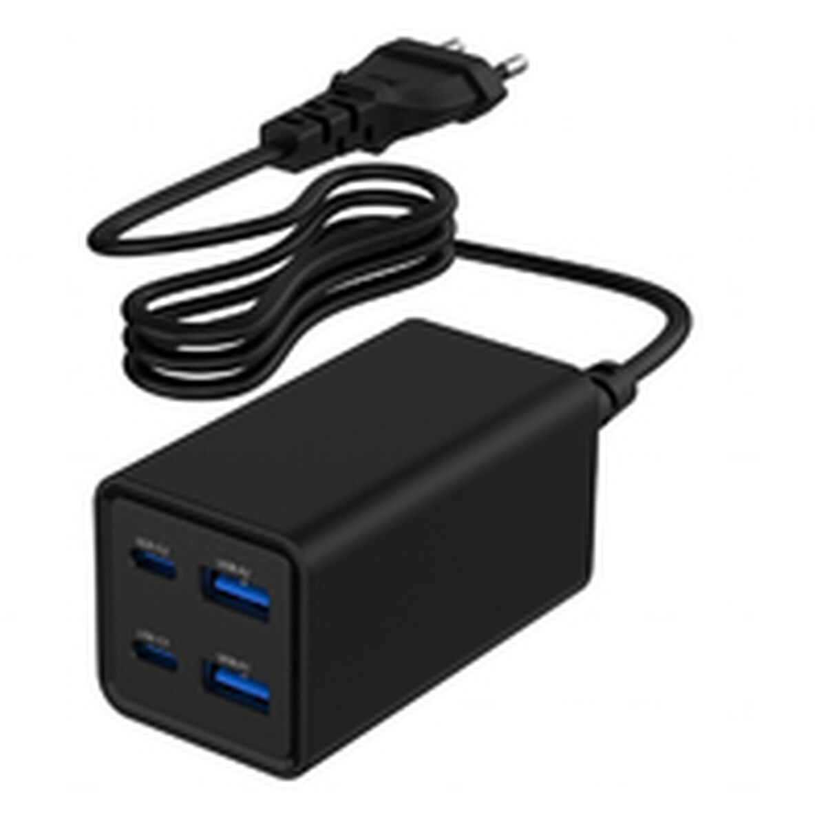 Zwarte voedingsadapter met vier USB-C poorten en een opgerold snoer.