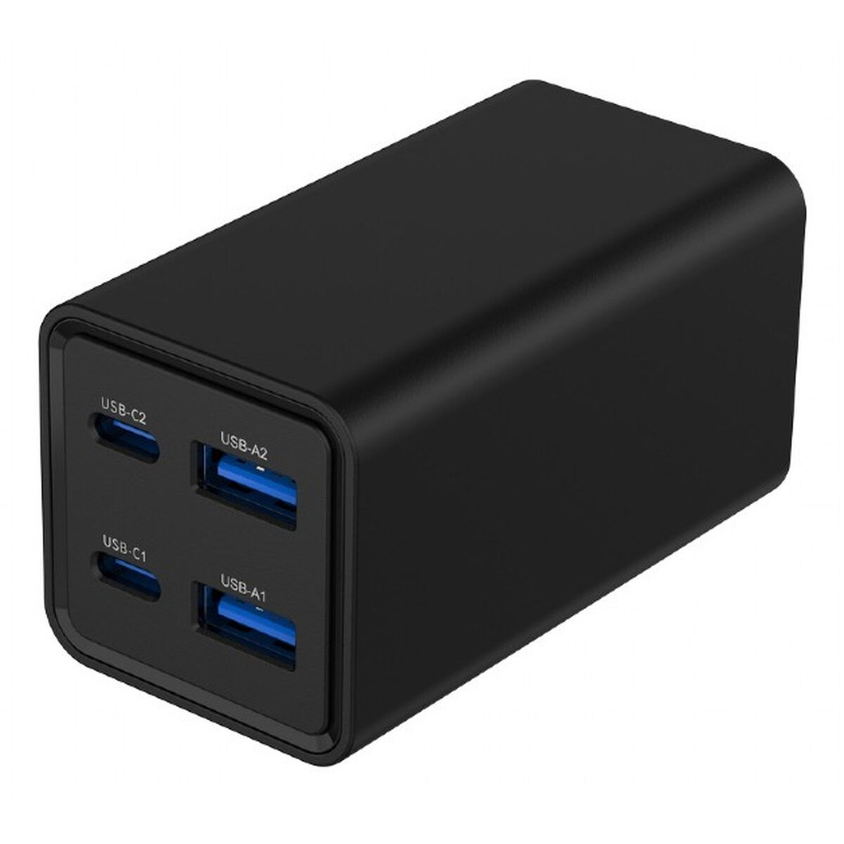 Zwarte oplader met vier poorten: twee USB-C en twee USB-A.