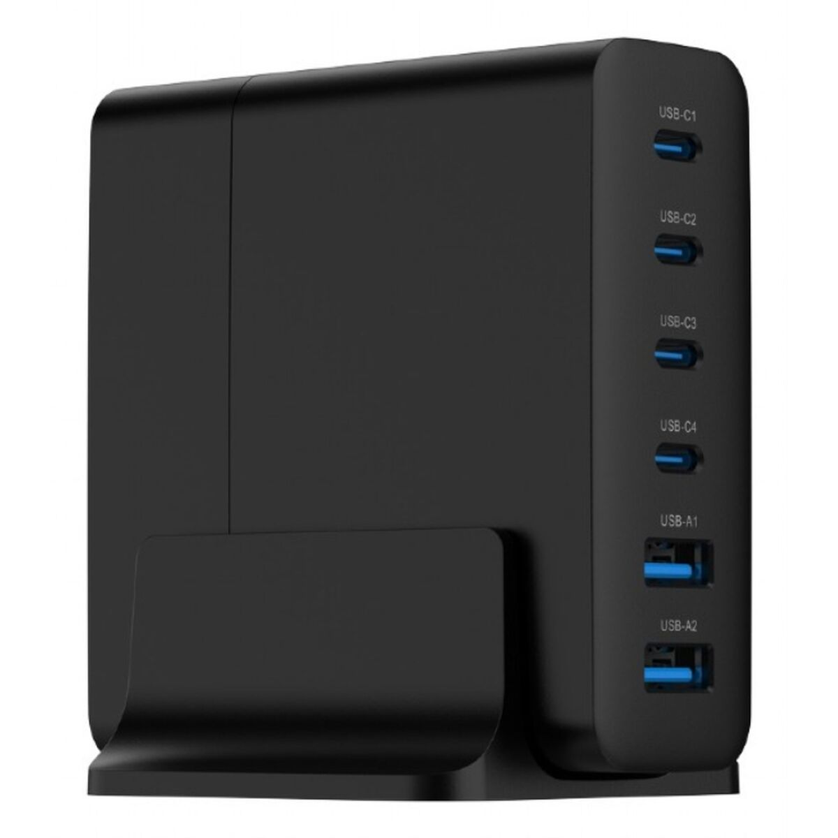 Een zwarte USB-oplader met meerdere poorten, waaronder USB-C en USB-A.