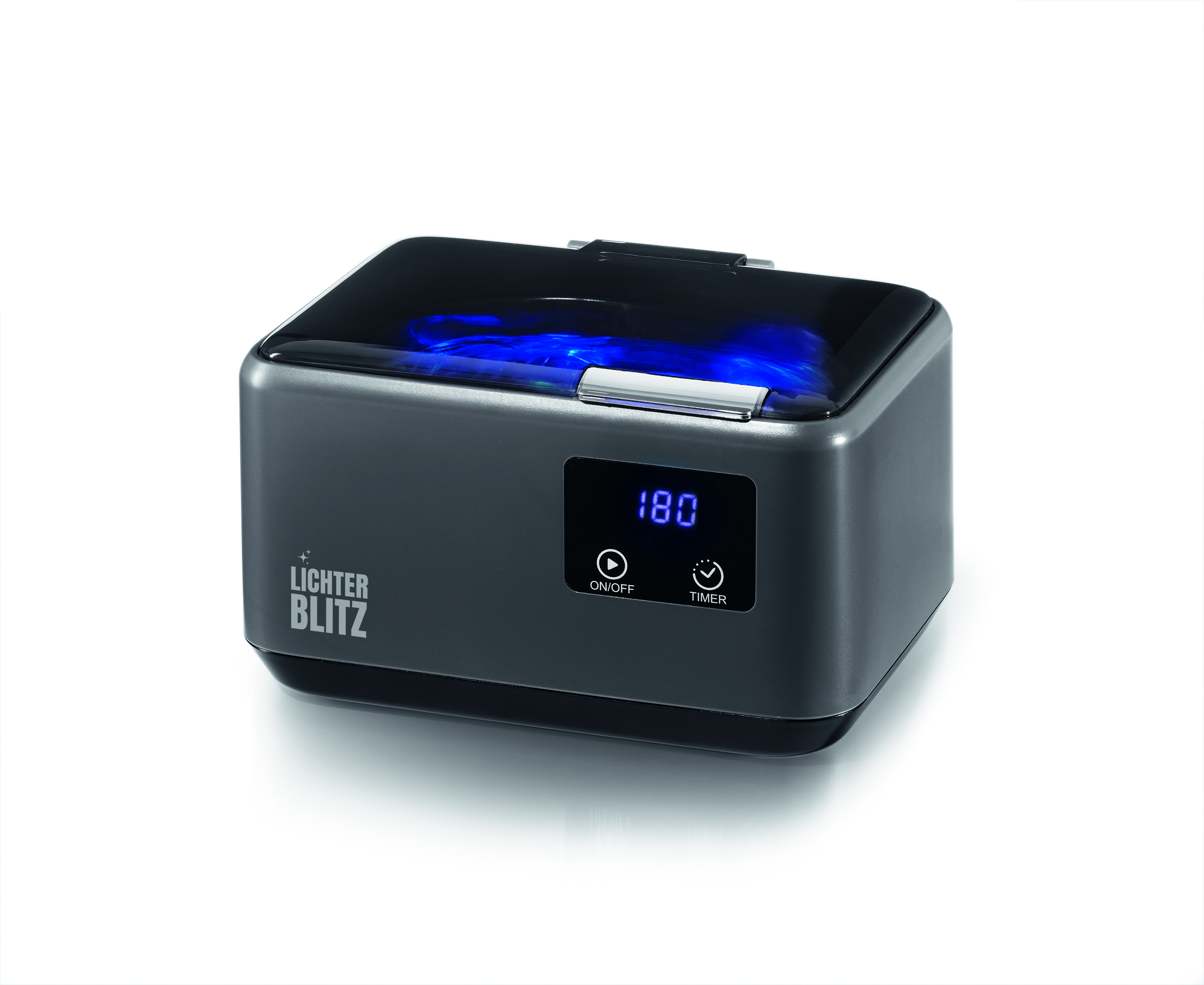 Grauer Ultraschallreiniger mit blauem Schimmer im Deckel und digitaler Anzeige.