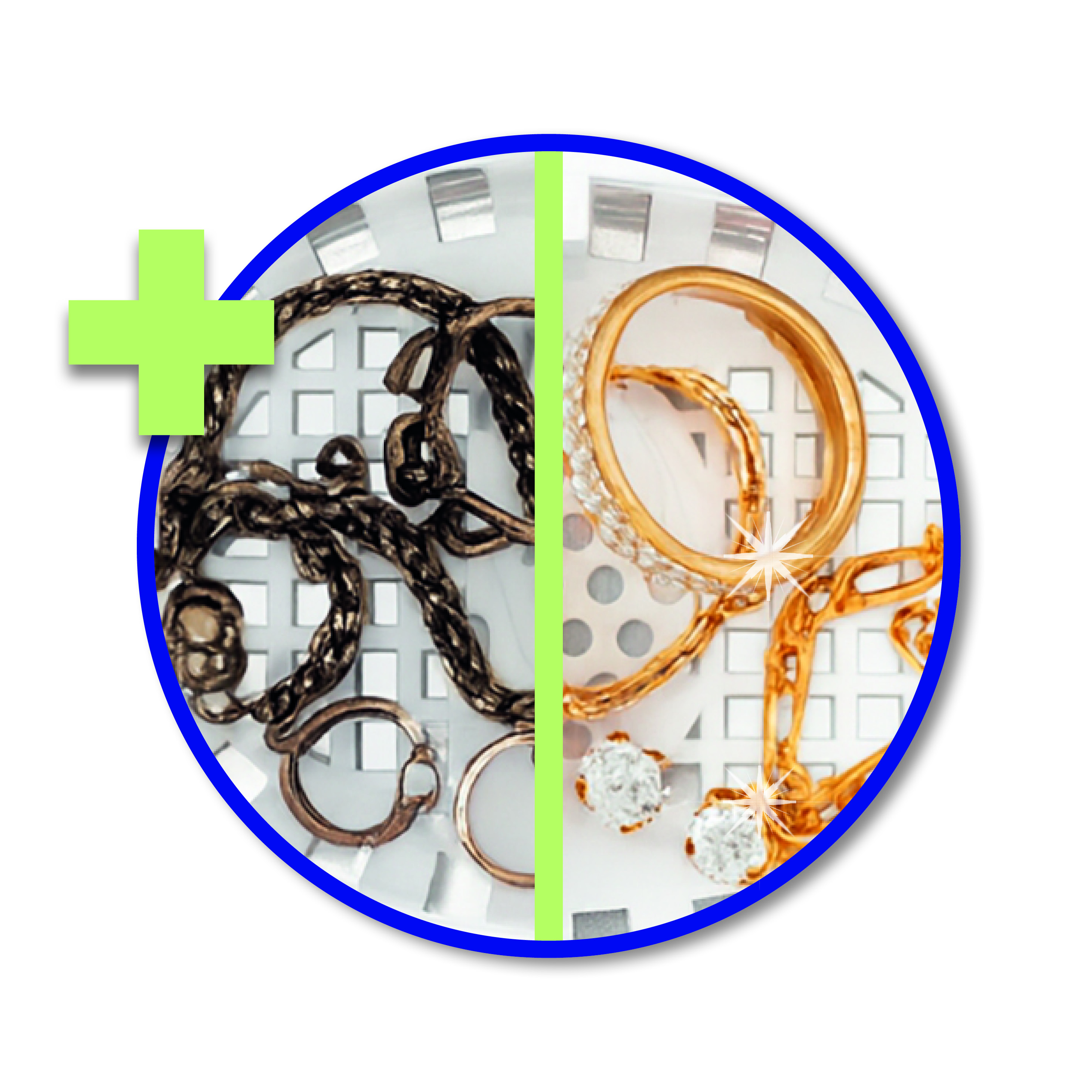Vorher/Nachher: Schmuck vor und nach der Reinigung, schmutzig und glänzend.
