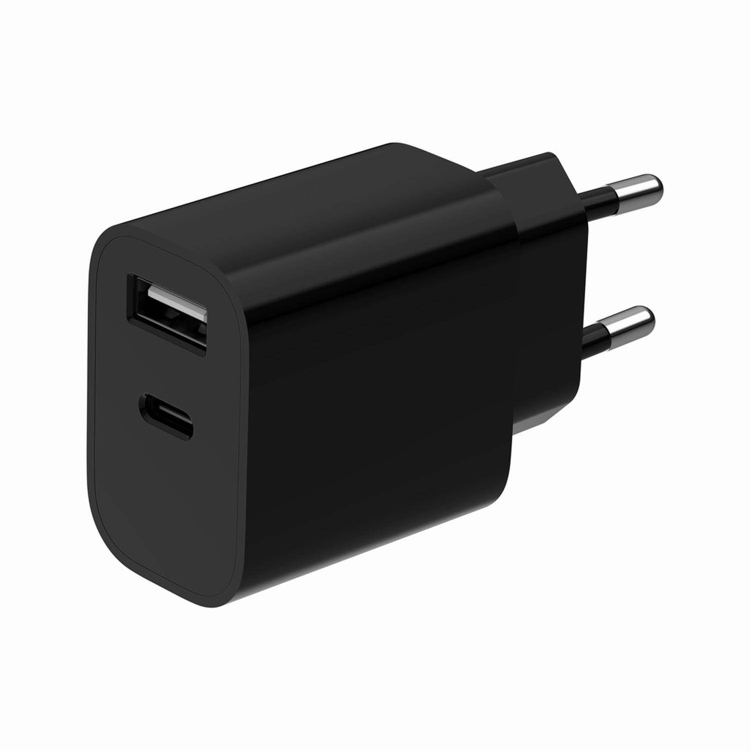 Zwarte lader met USB-A en USB-C poorten en twee metalen pinnen.