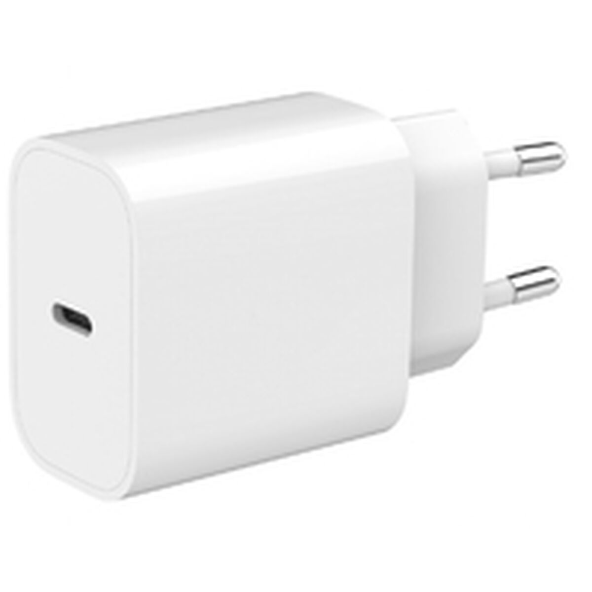 Een witte USB-C stroomadapter met twee metalen pinnen.