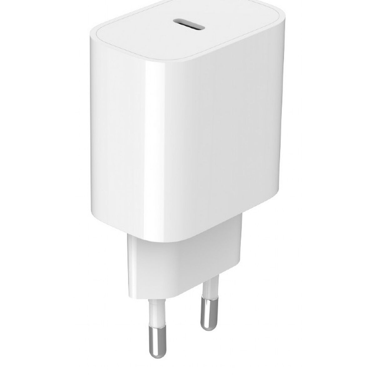 Een witte USB-C adapter met twee metalen pinnen om in te pluggen.