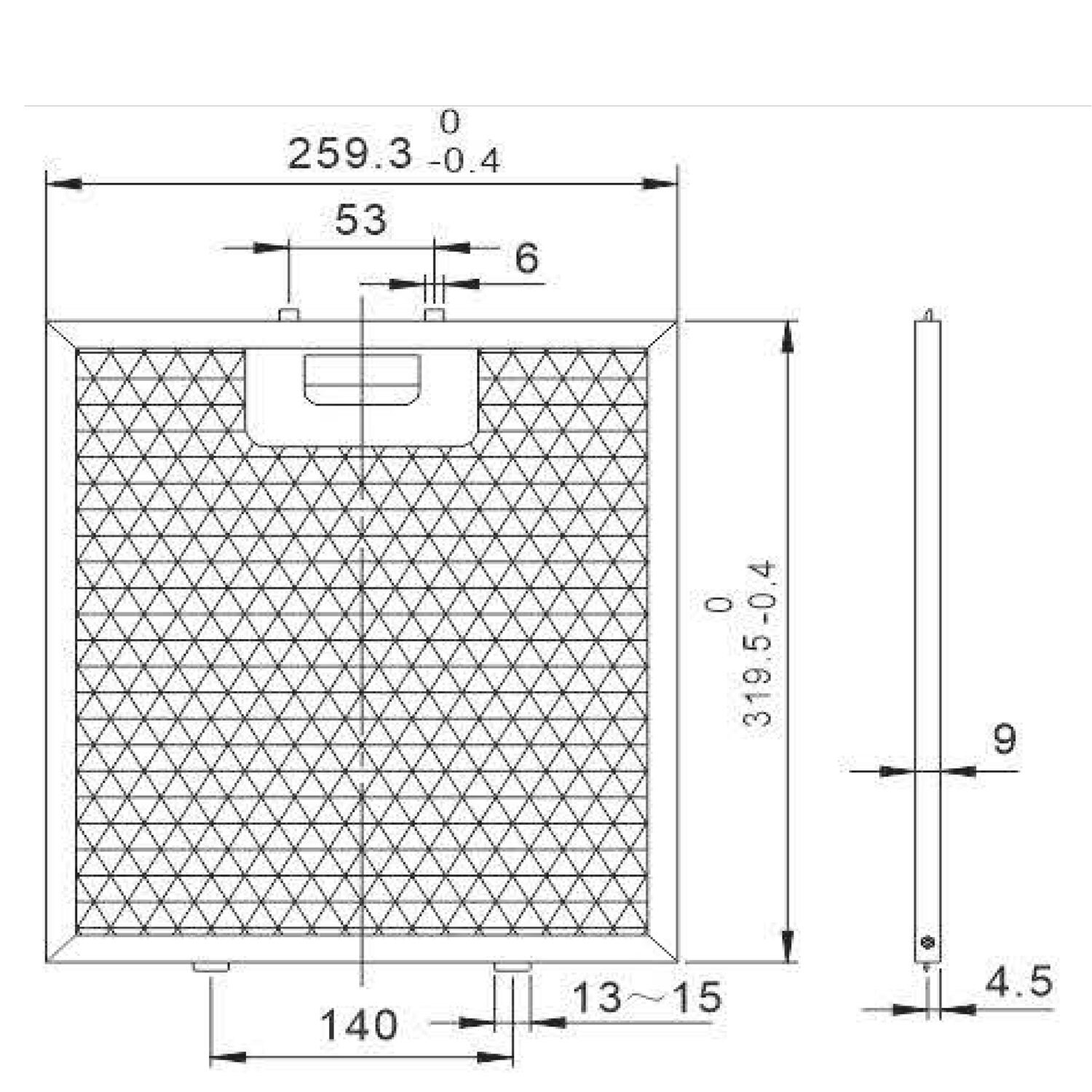 Technische Zeichnung mit Maßen eines rechteckigen Filters. Draufsicht und Seitenansicht.
