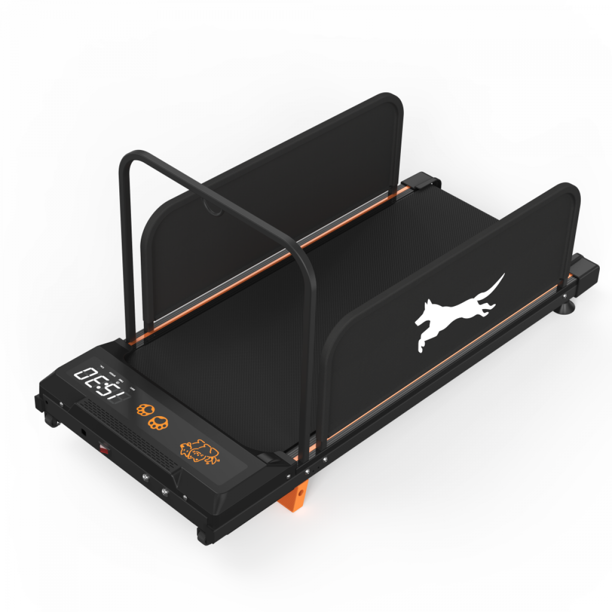 Ein schwarzes Laufband für Hunde mit orangefarbenen Akzenten und einem digitalen Display.