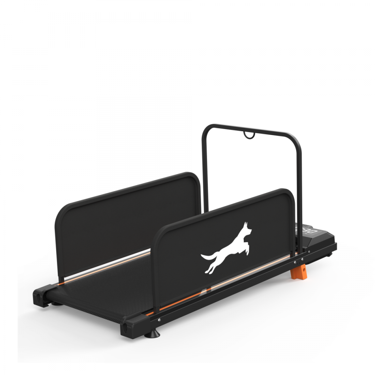 Ein schwarzes Laufband für Hunde mit orangefarbenen Akzenten und einem Hundesymbol.
