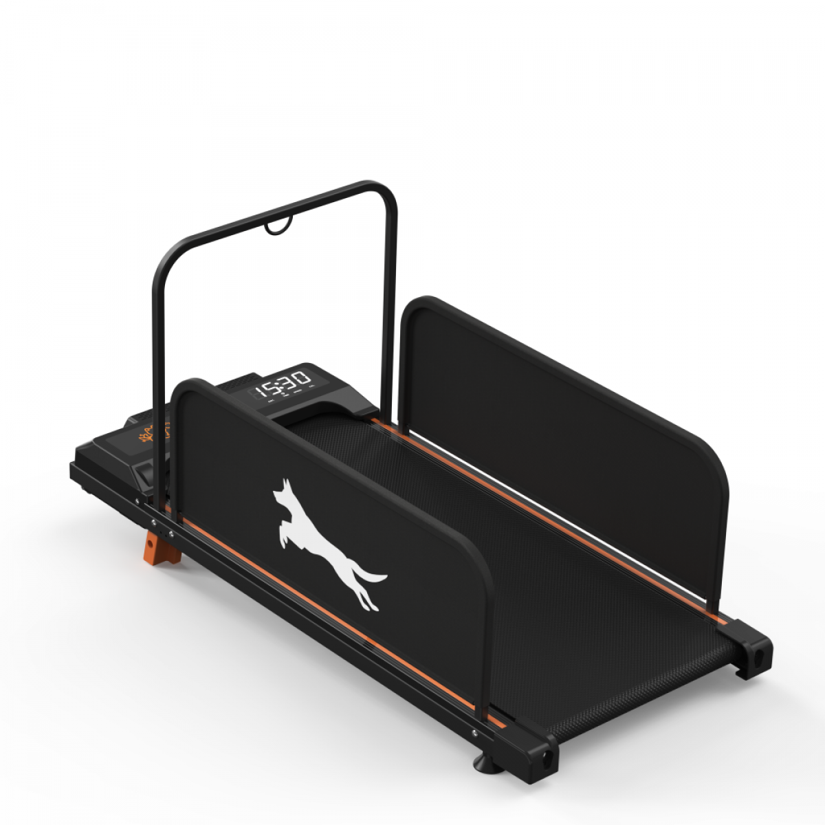 Ein schwarzes Laufband für Hunde mit orangefarbenen Akzenten und einem digitalen Display.