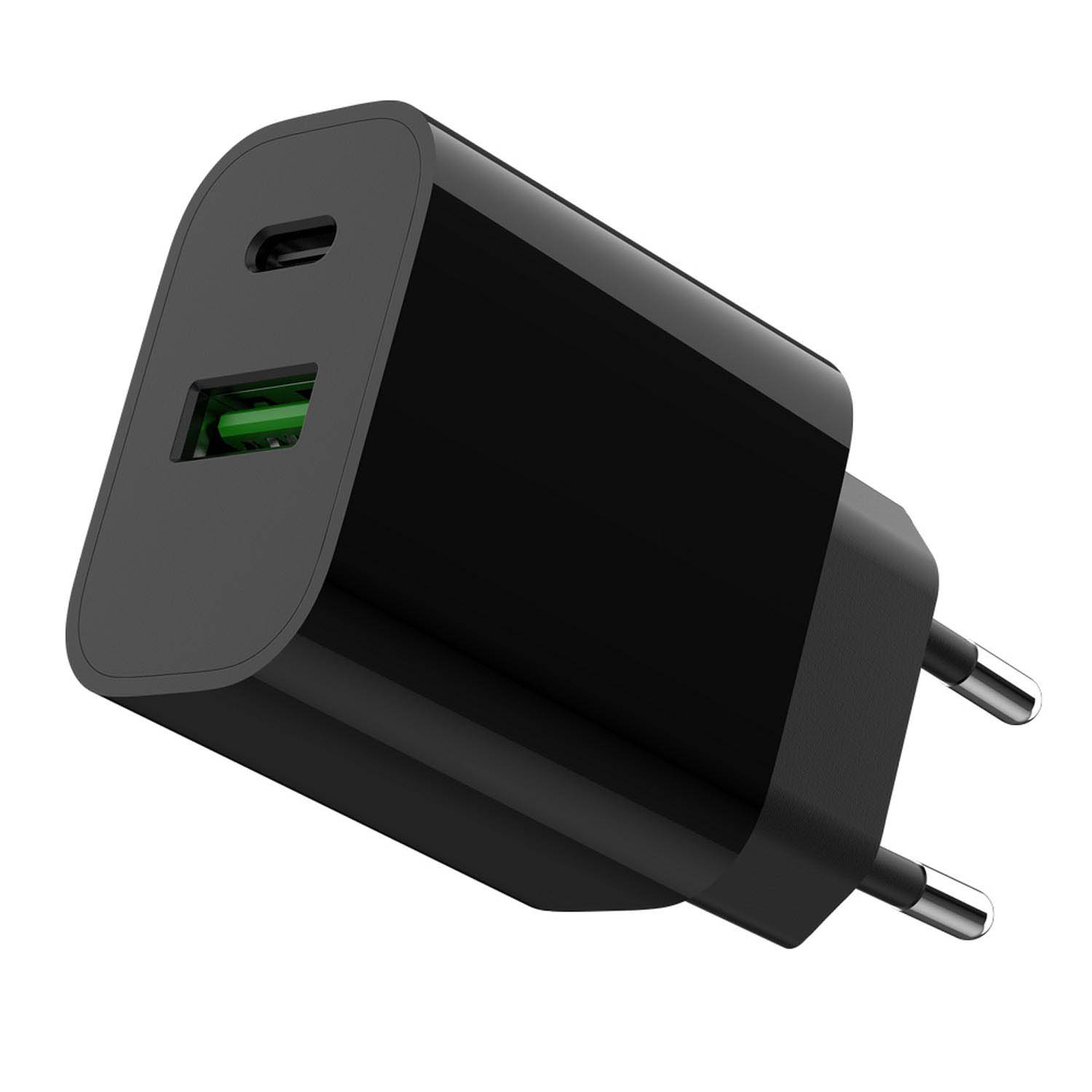 Black power adapter with USB-C and USB-A ports on white background.