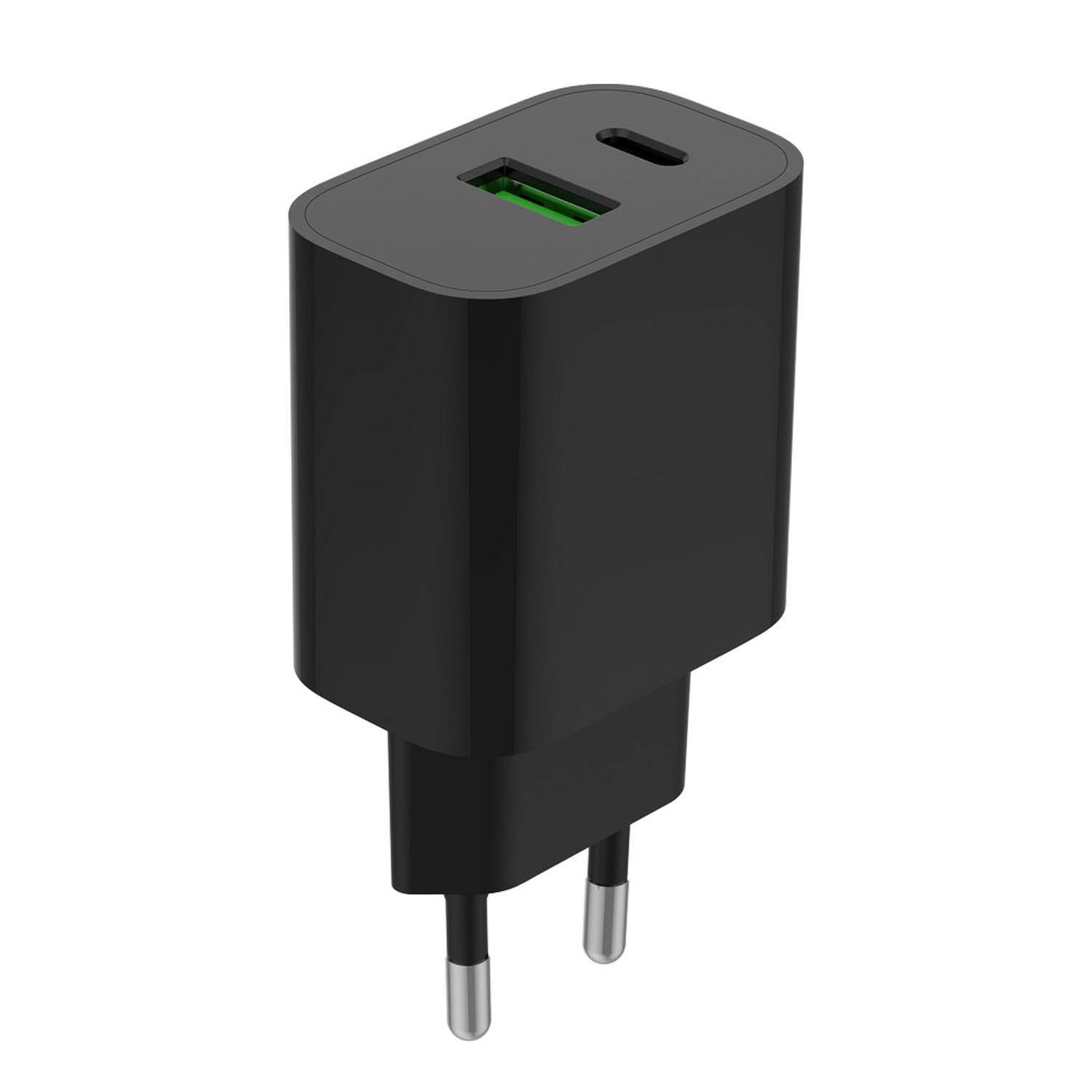 Black USB charger adapter with two ports and two metal prongs.