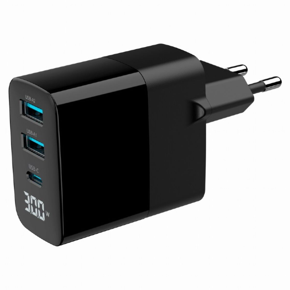 Een zwarte oplader met drie USB-poorten en een digitaal display met 300W.