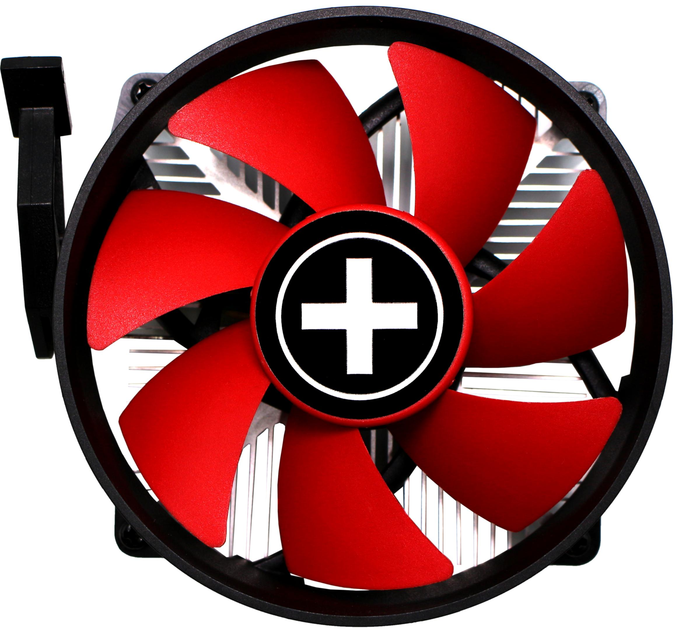 Un ventilateur rouge avec une croix blanche sur cercle noir sur radiateur.