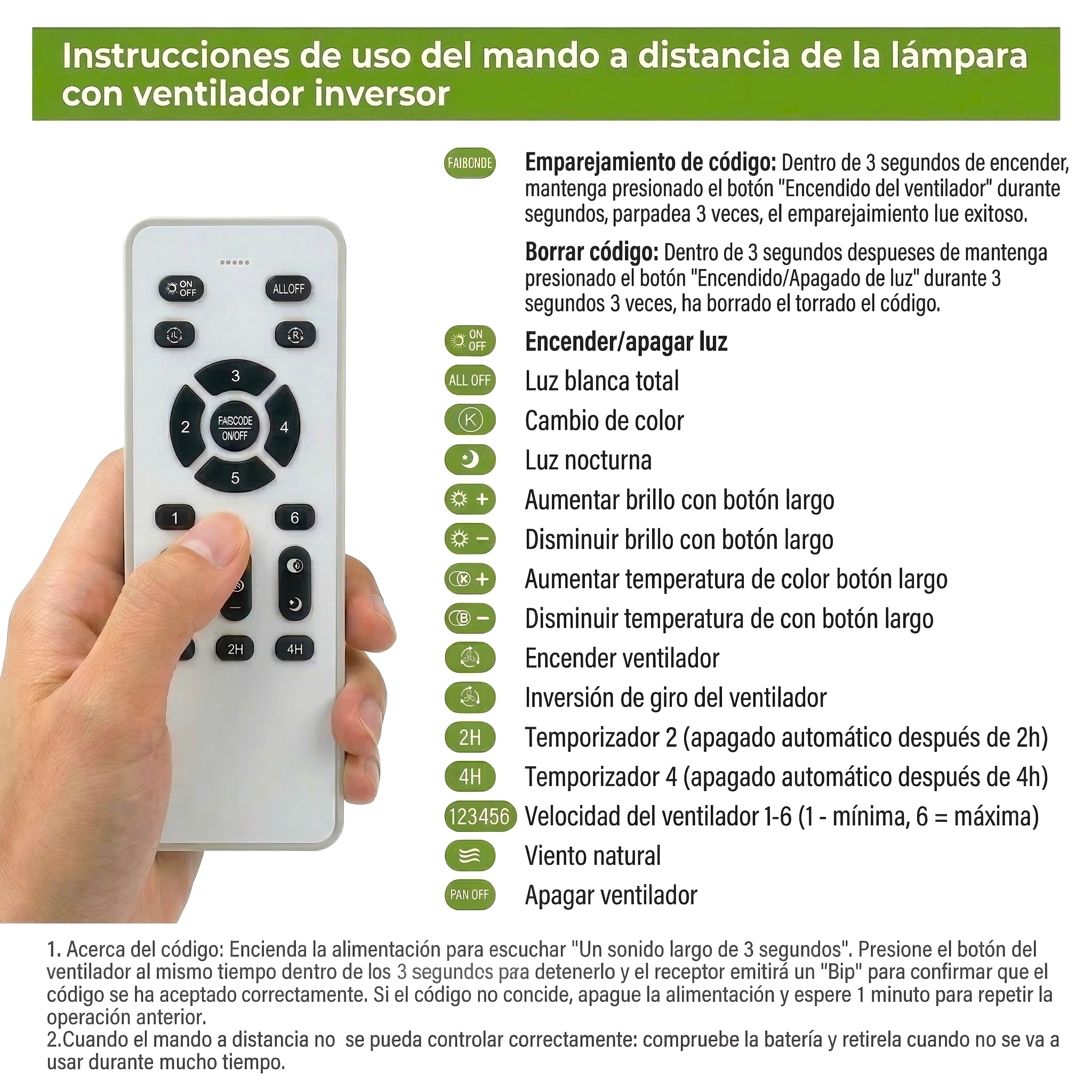 Una mano sostiene un mando blanco con muchos botones para luz y ventilador.