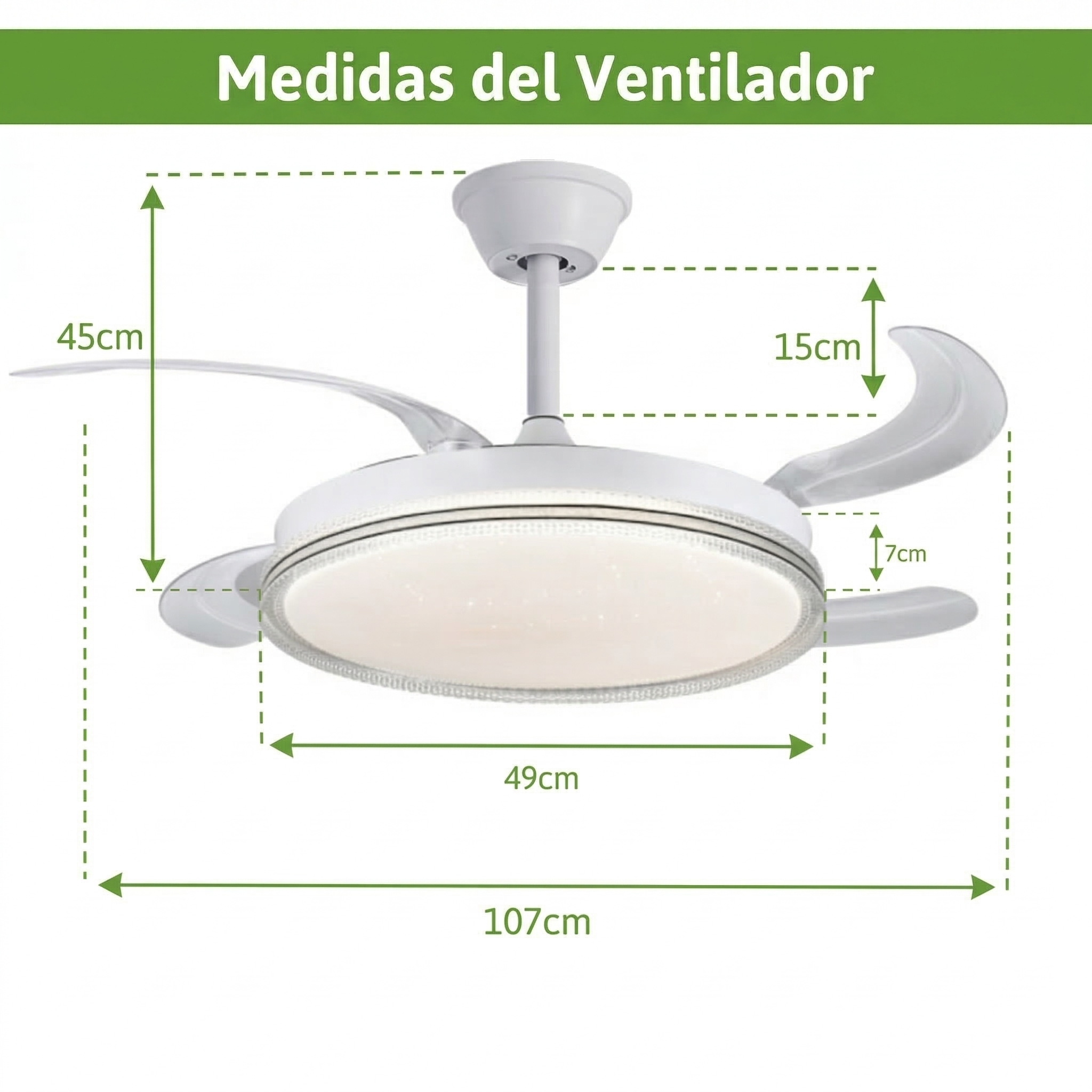 Dimensiones ventilador techo blanco: 45cm, 15cm, 7cm, 49cm, 107cm.