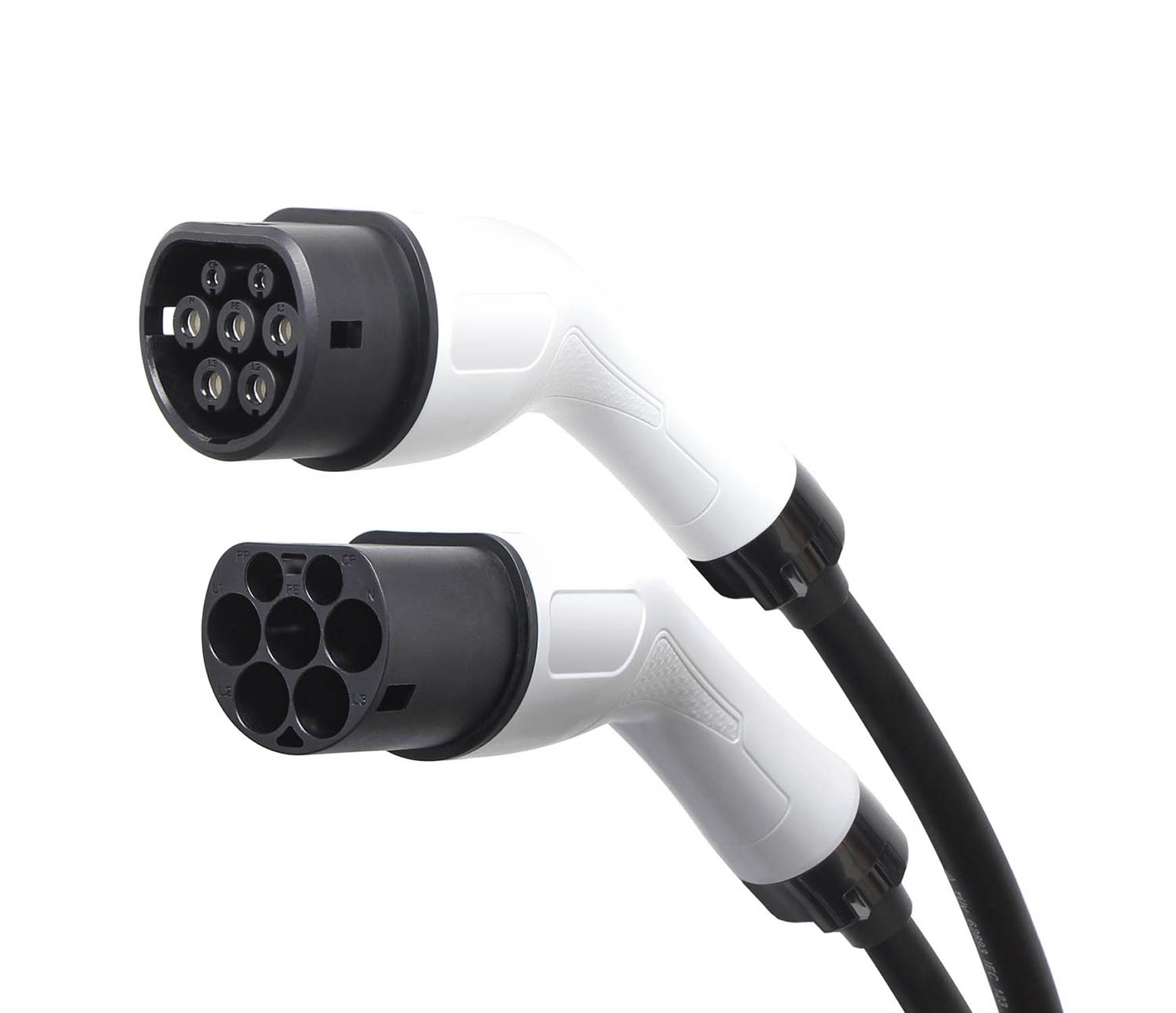 Two white and black electric car charging plugs with cables on a white background.