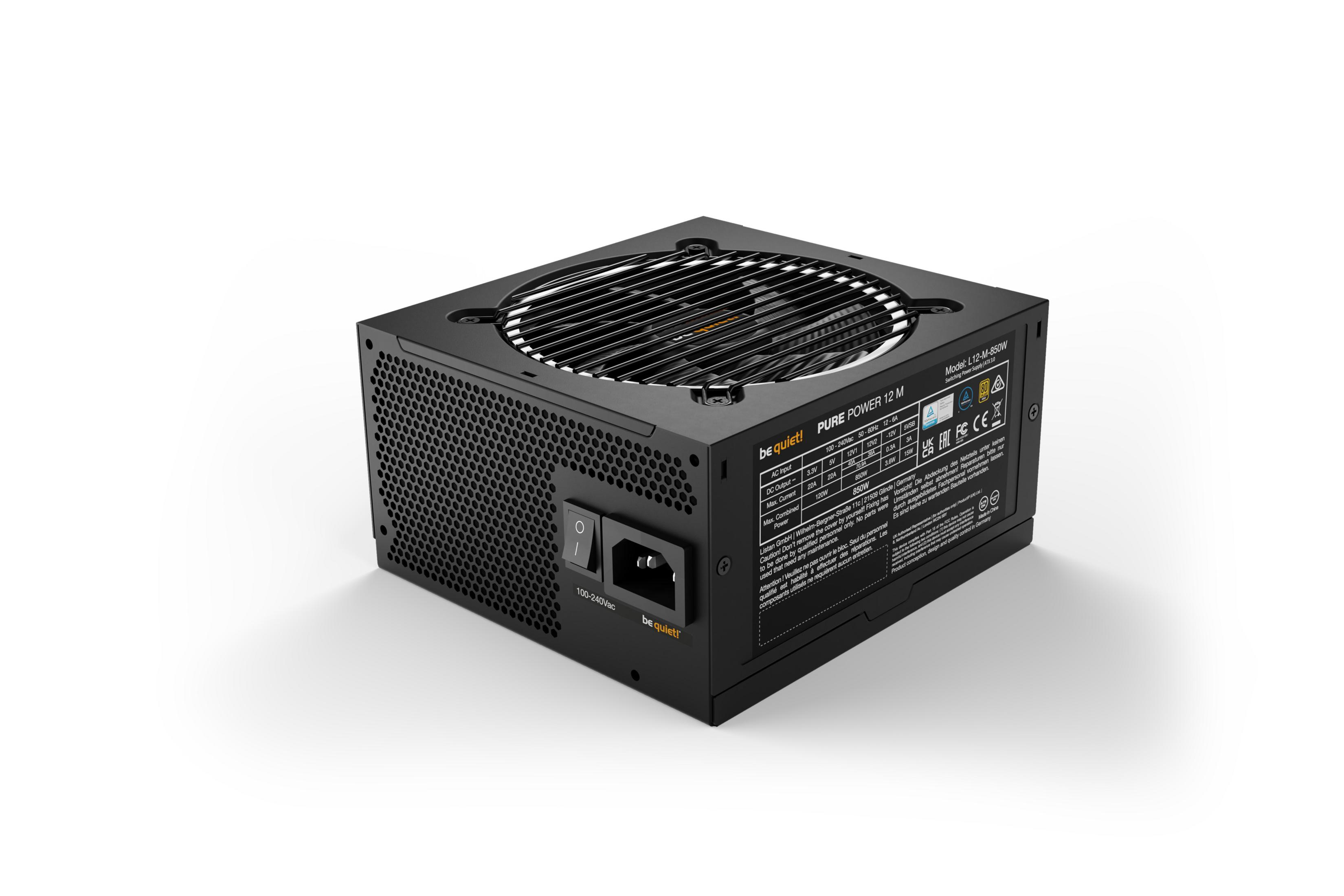 Fuente de alimentación negra para PC con rejilla de ventilador, interruptor y conector.