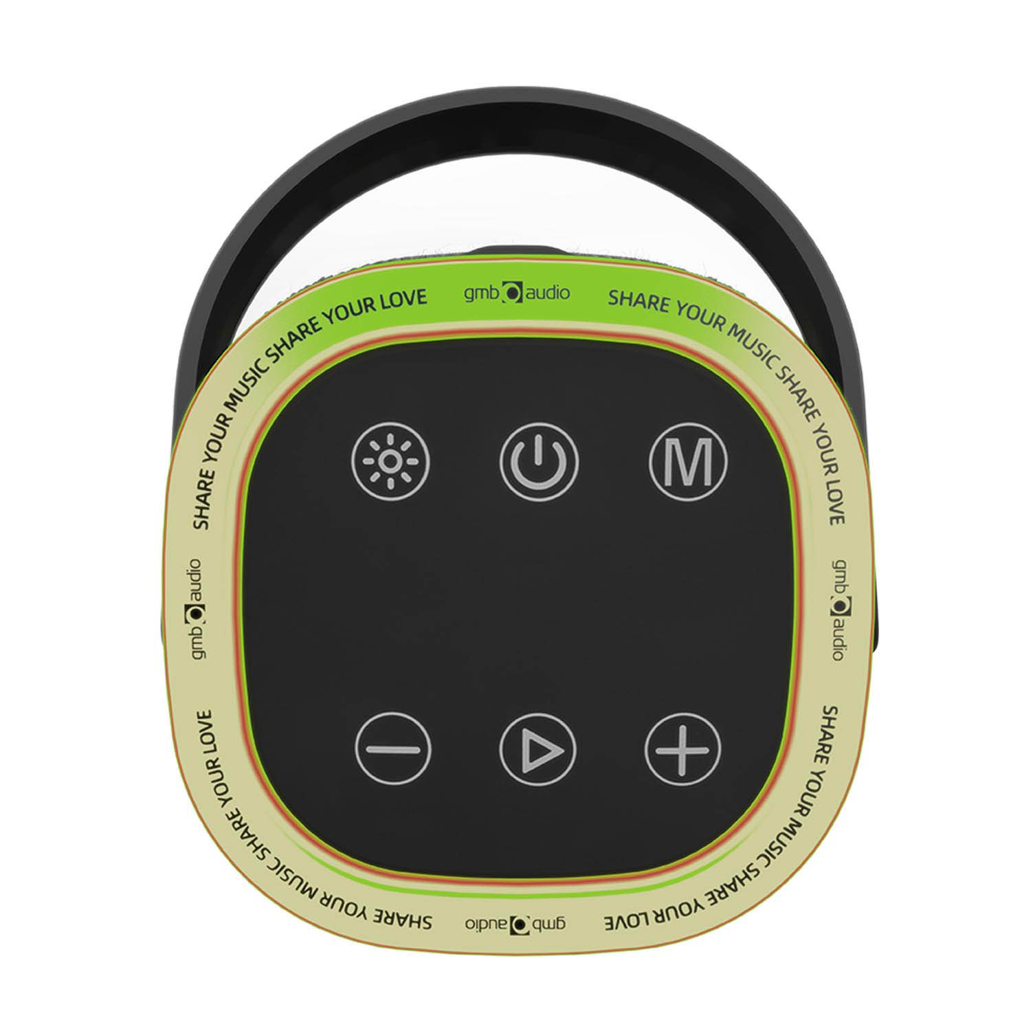 Zwarte luidspreker met bedieningsknoppen en tekst 'SHARE YOUR MUSIC SHARE YOUR LOVE'.