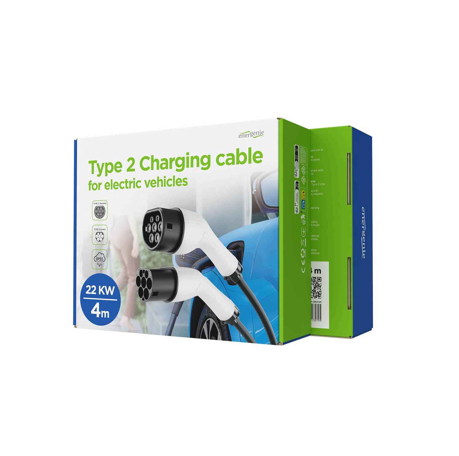 Boîte d'un câble de recharge Type 2 pour véhicule électrique avec connecteurs.