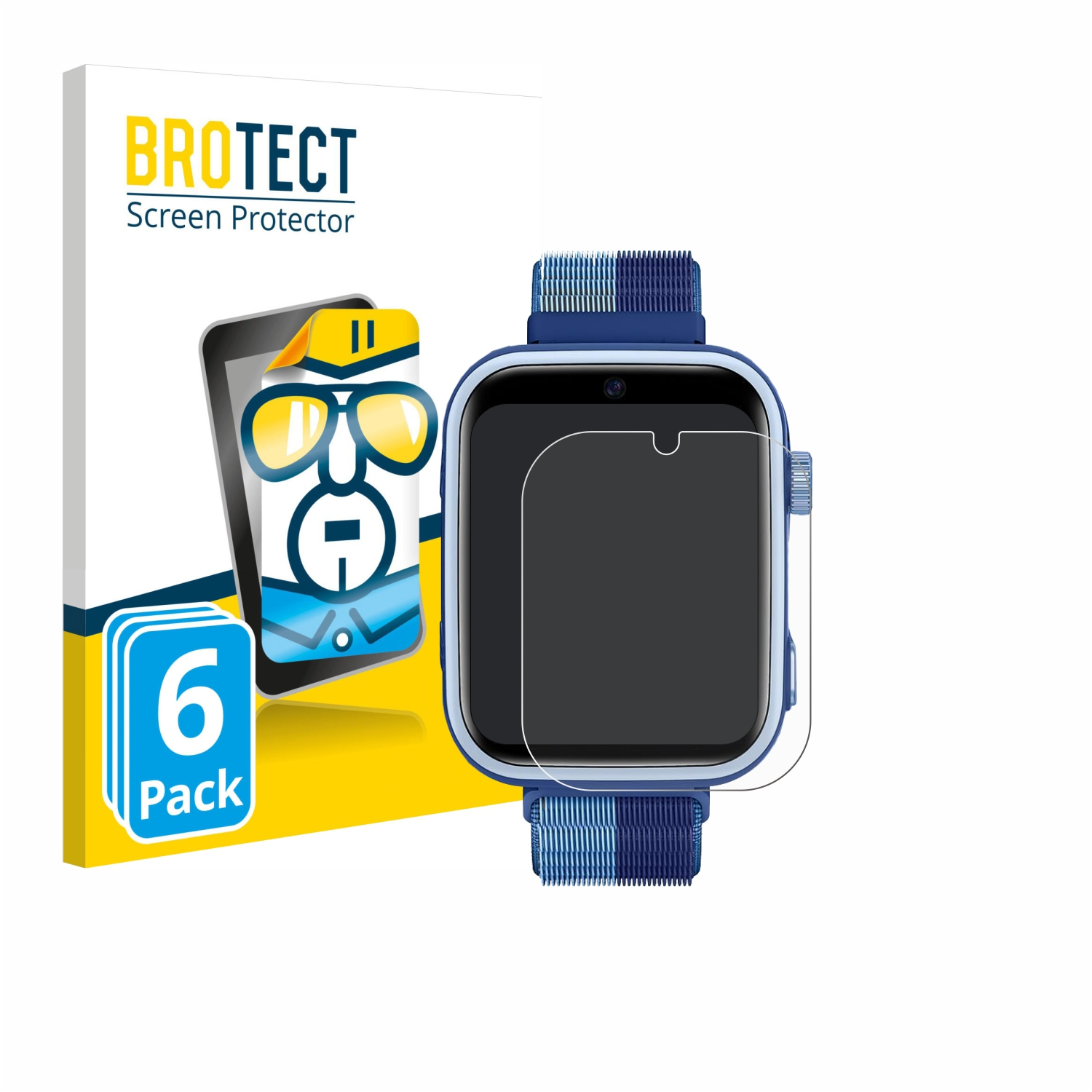 Schutzfolie mit 6 Stück Packung für eine blaue Smartwatch mit Band. Karton mit Text.