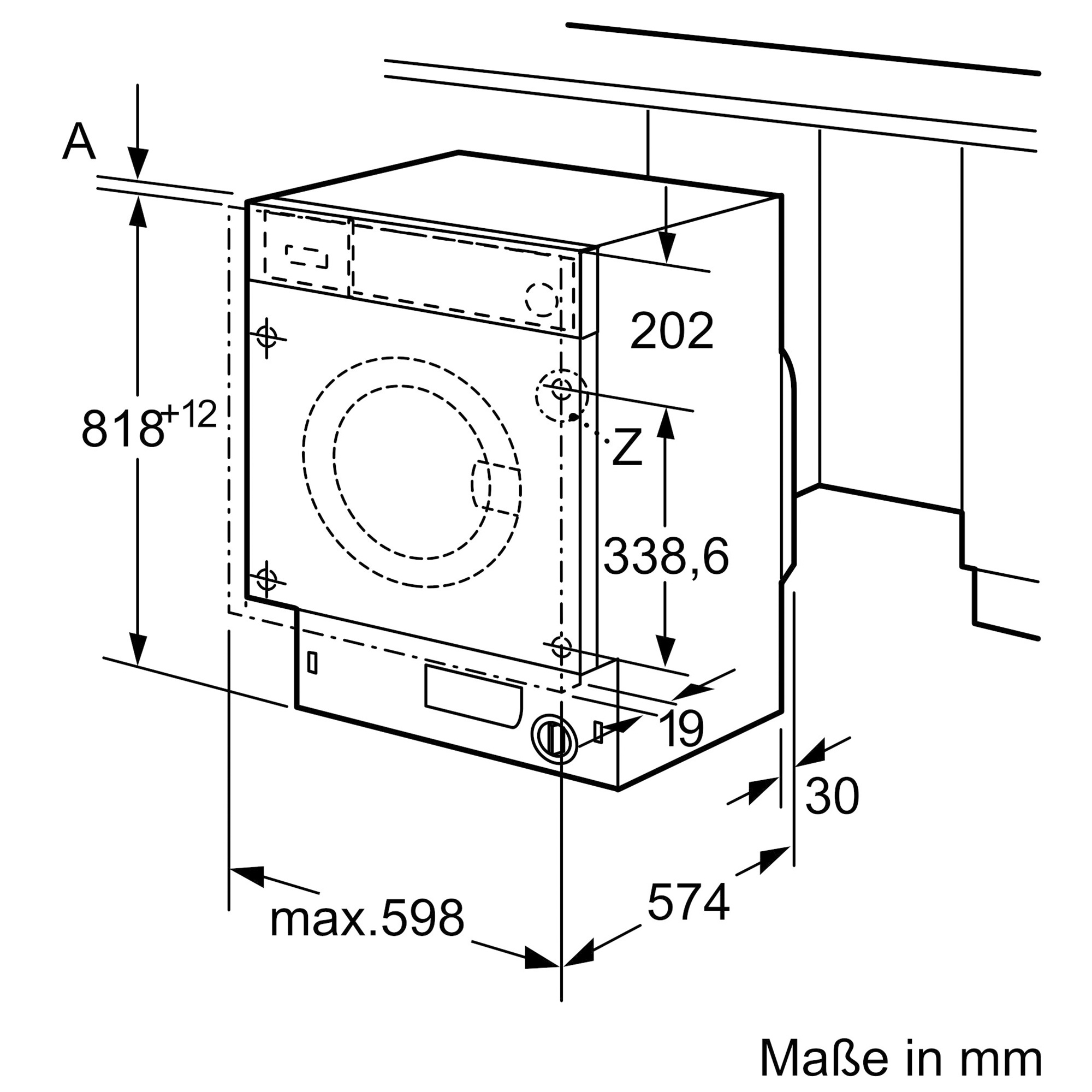 Technische Zeichnung einer Waschmaschine mit Maßen in mm.