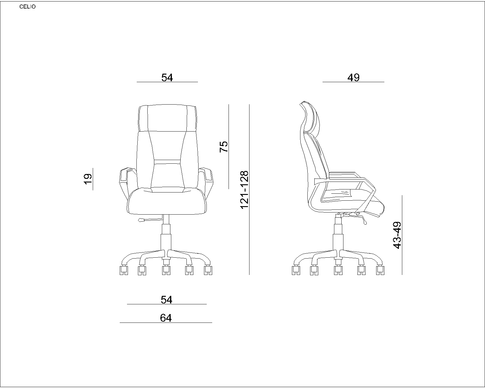 Rysunek techniczny krzesła biurowego z wymiarami.
