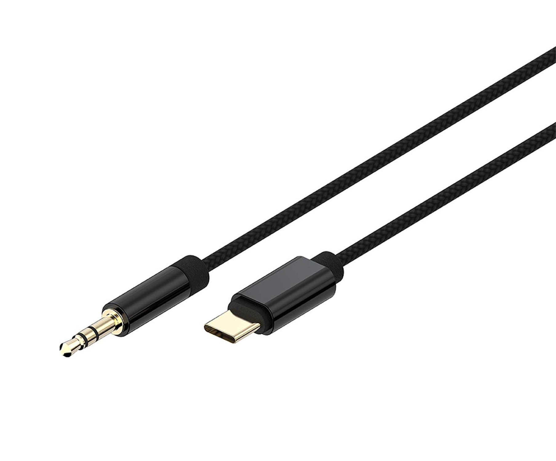 Black audio cable with 3.5mm jack and USB-C connectors.