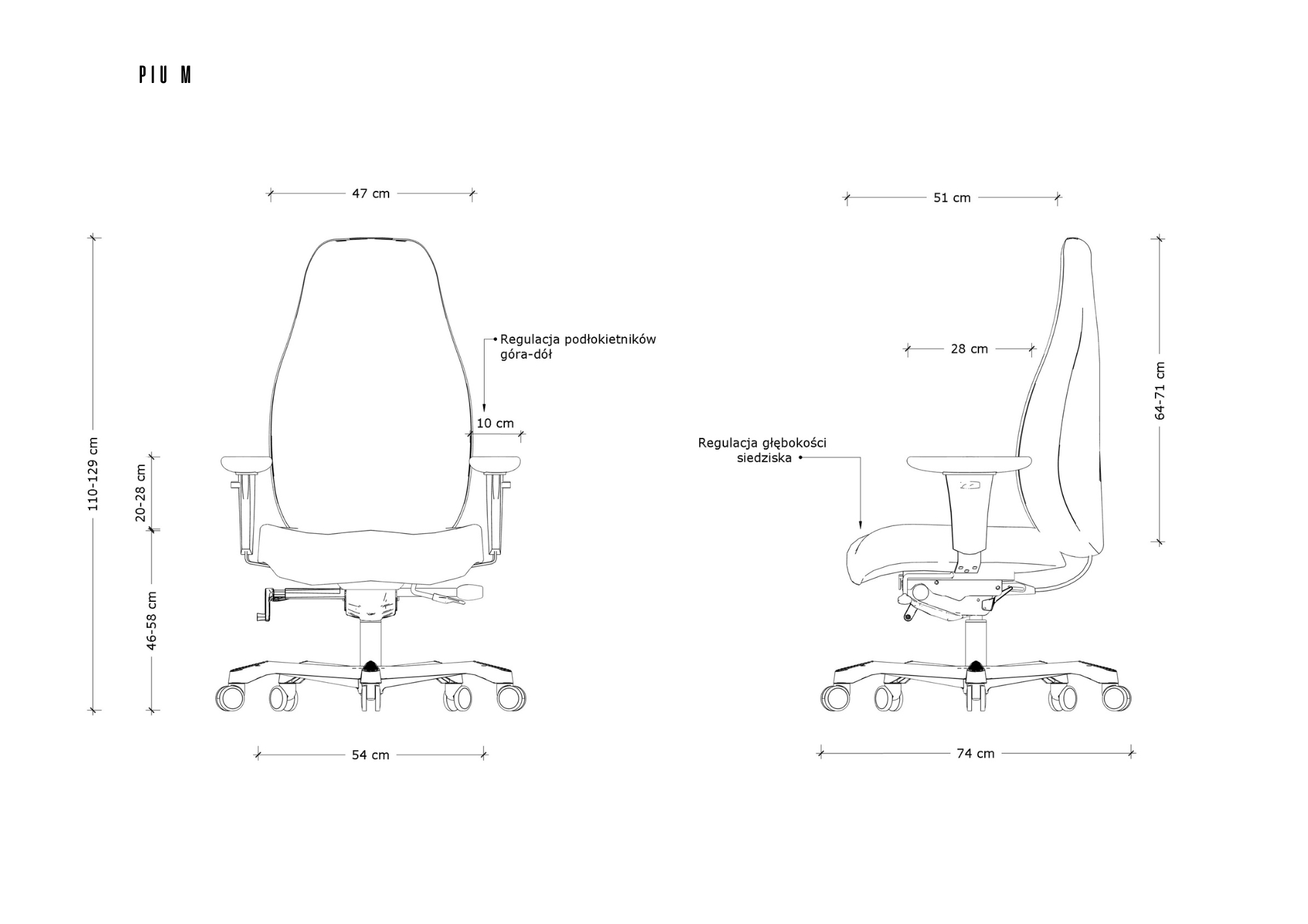 Rysunek techniczny krzesła biurowego z wymiarami i opcjami regulacji.
