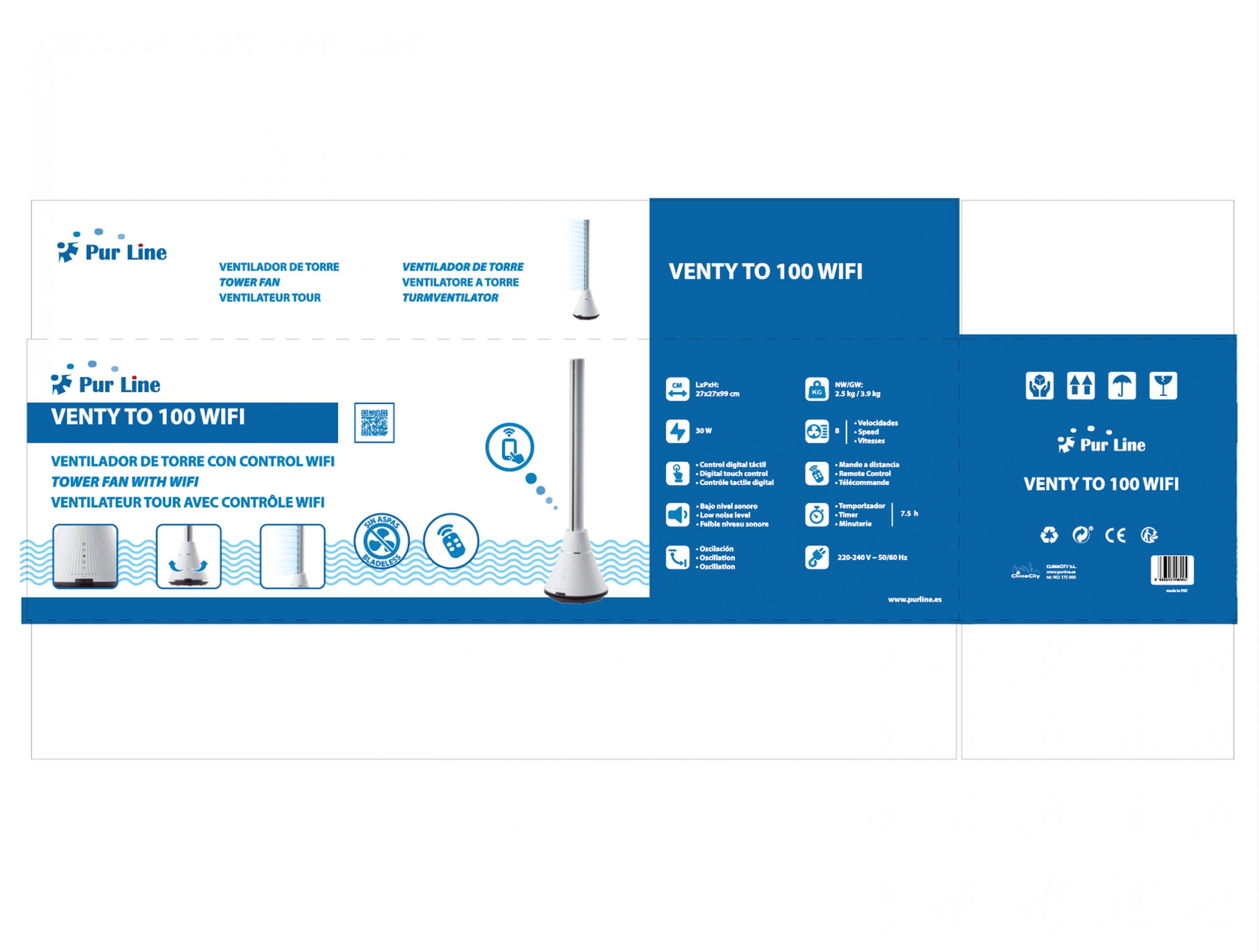 Embalaje de producto para ventilador de torre Pur Line Venty 100 WiFi.