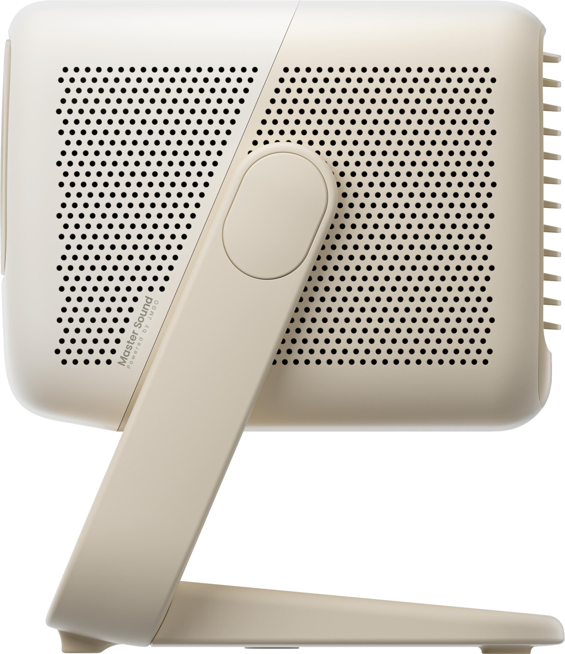 Enceinte beige clair avec trous d'aération et support réglable.