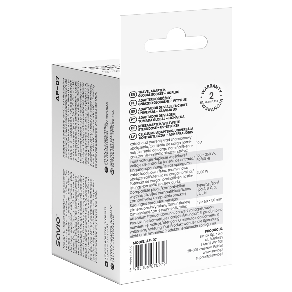 Adapter podróżny AP-07 do USA, 2500W, 10A, 100-250V, 50/60Hz. Kompaktowy, 49x50x50mm.