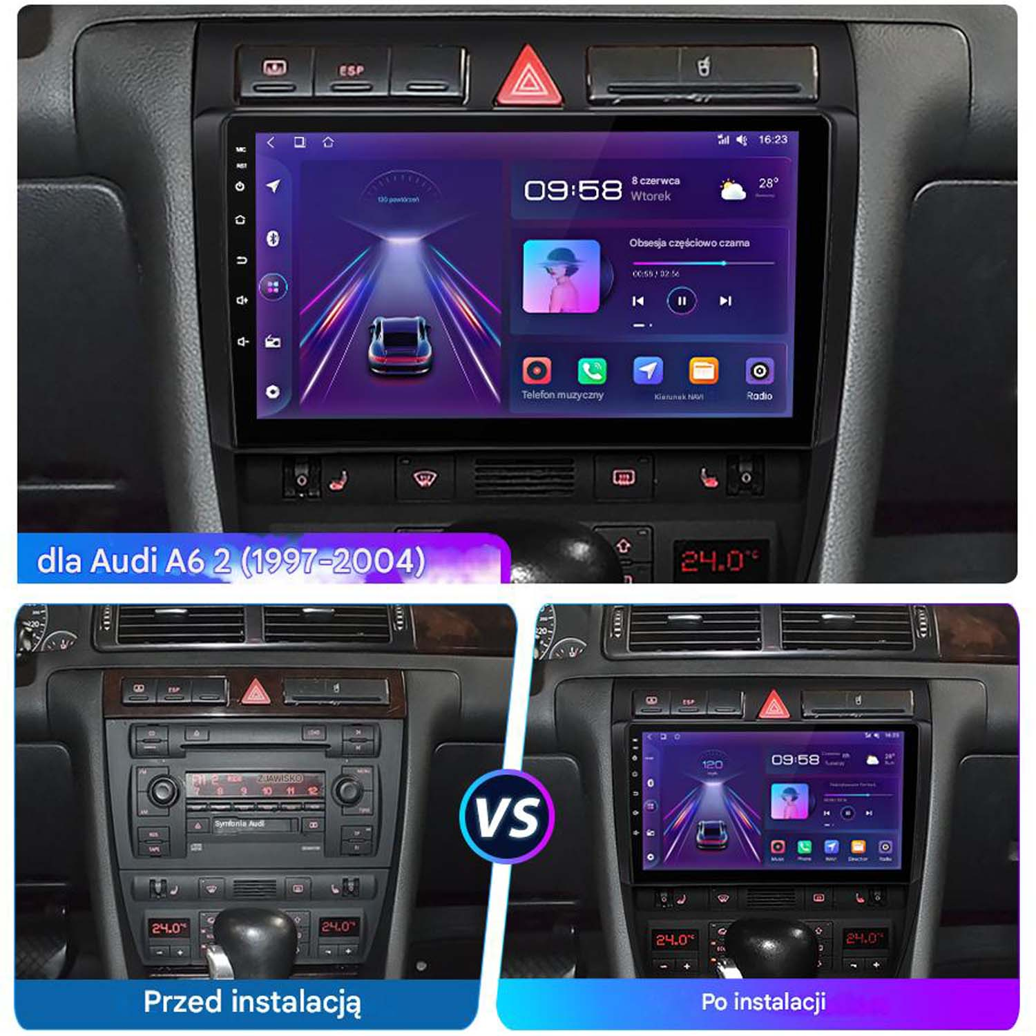 Deska rozdzielcza Audi A6 z ekranem dotykowym, porównanie przed/po.