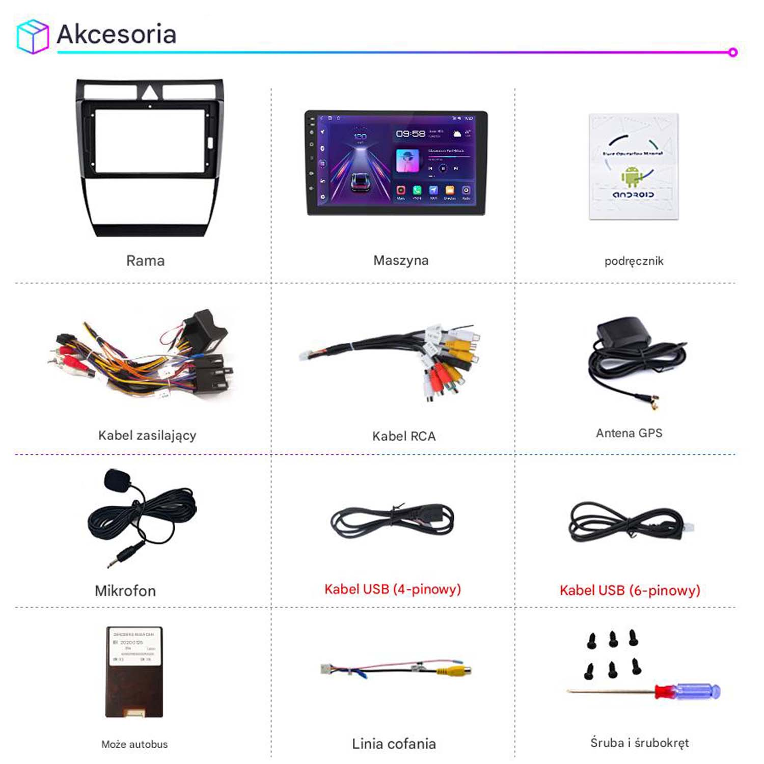 Różne akcesoria samochodowe: ramka, wyświetlacz, instrukcja, kable, antena, mikrofon, kable USB.
