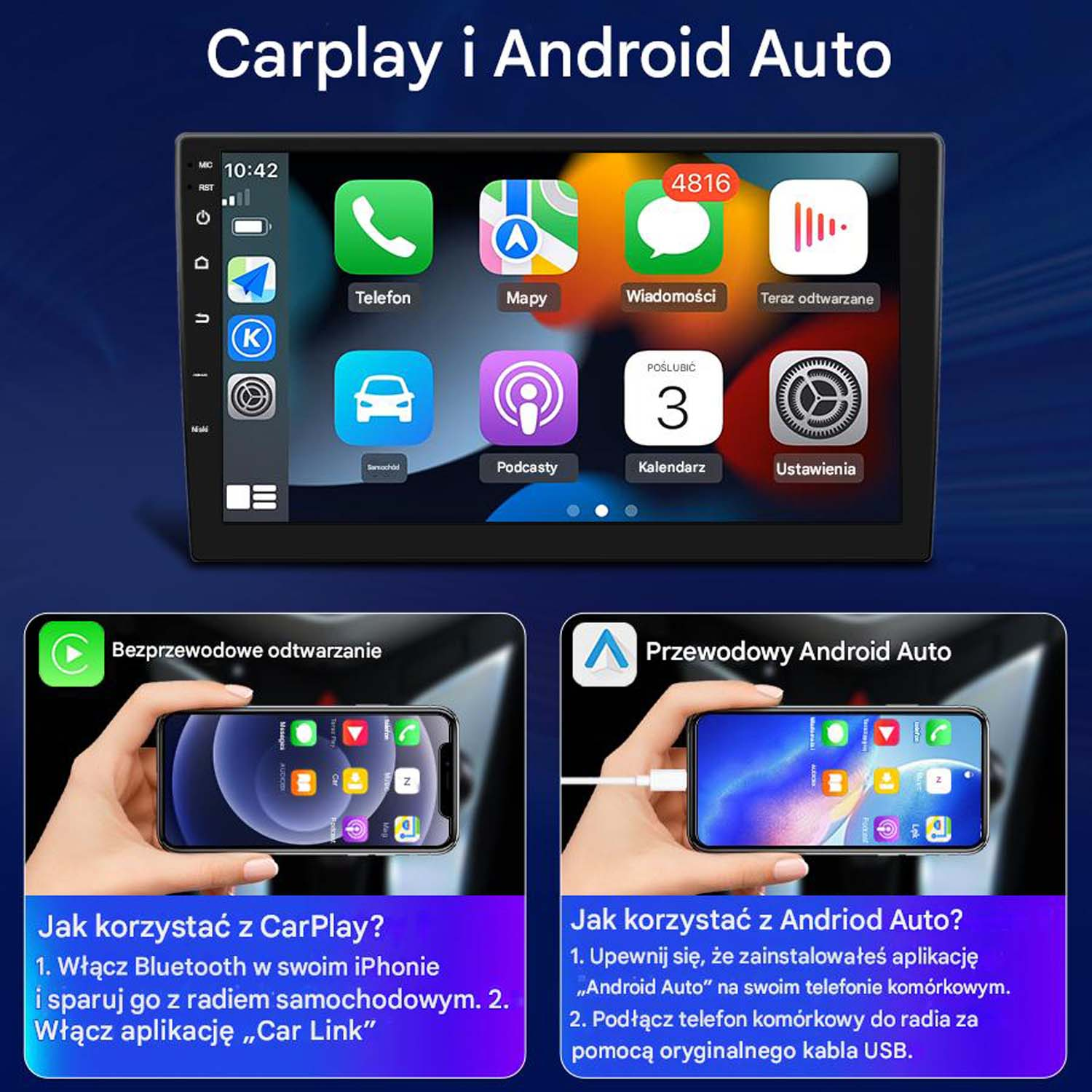 Obrazek przedstawia systemy multimedialne w samochodzie: CarPlay i Android Auto.